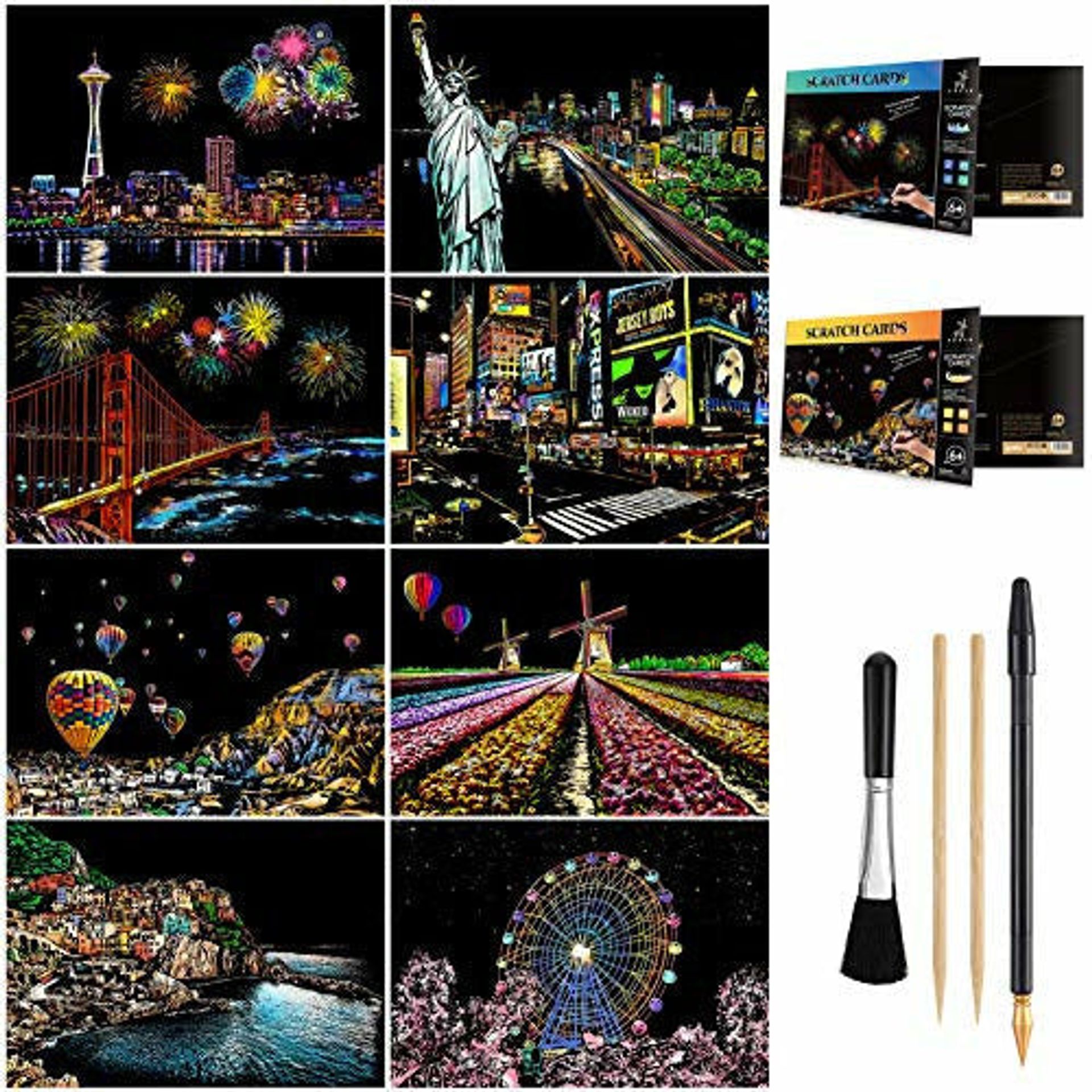 Scratch Art Set for Kids & Adults - Rainbow Landscapes with 8 Sheets & 4 Tools - Creative Craft Kit