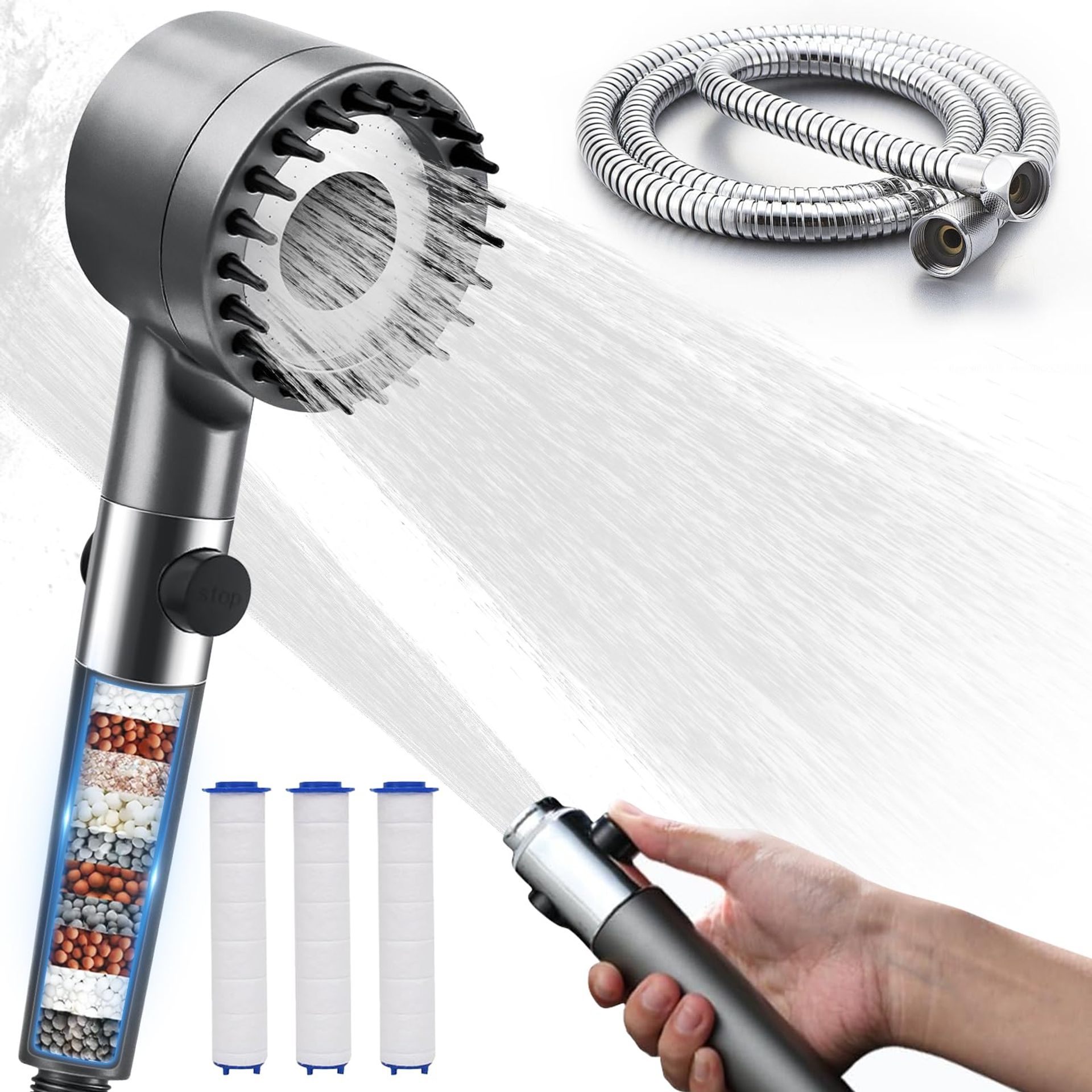 High Pressure Shower Head with Filter & Hose, 4 Spray Modes for Hard Water, DIY Installation