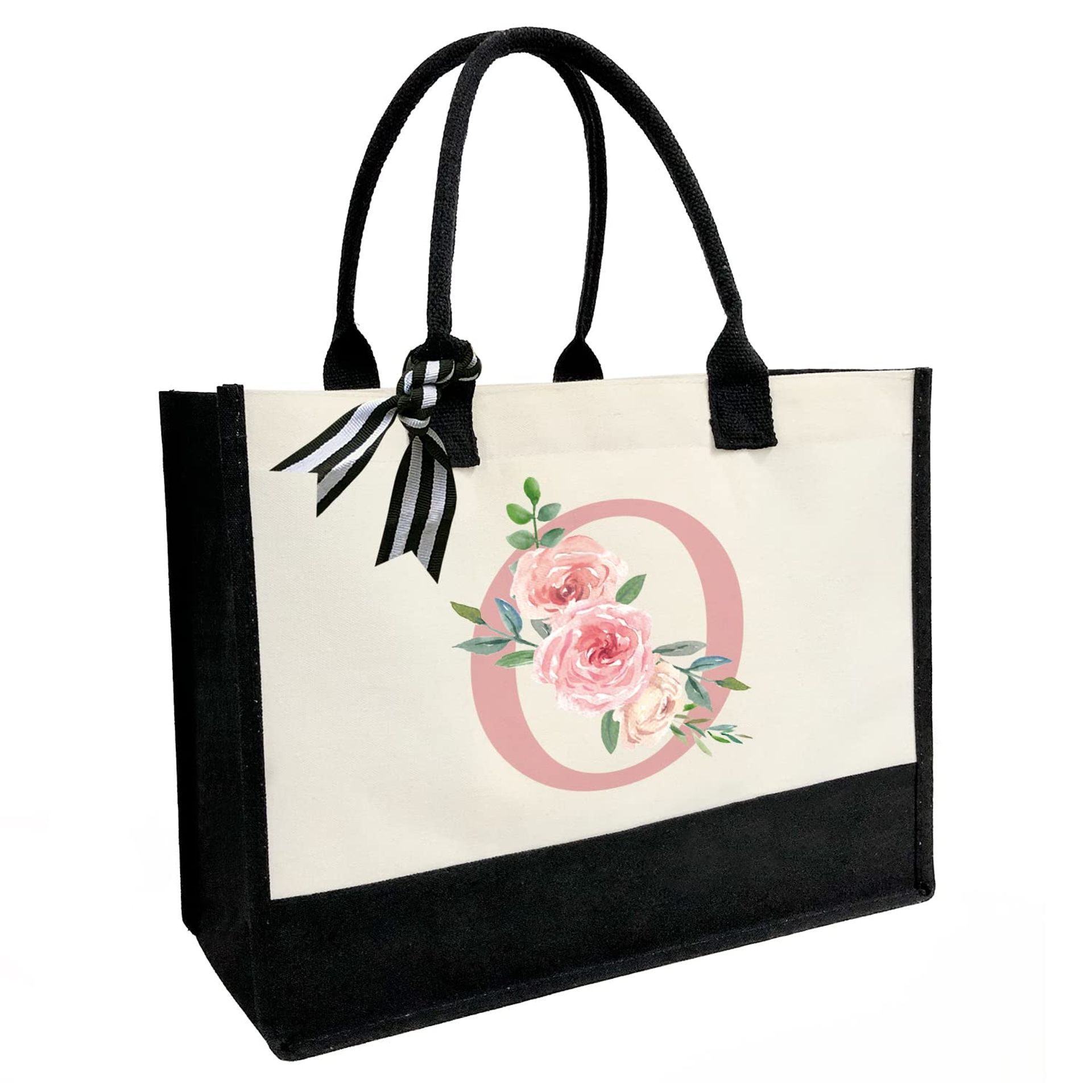 Personalised Initial Canvas Beach Tote Bag with Zipped Pocket & Double Handles - Pink Letter O One Size