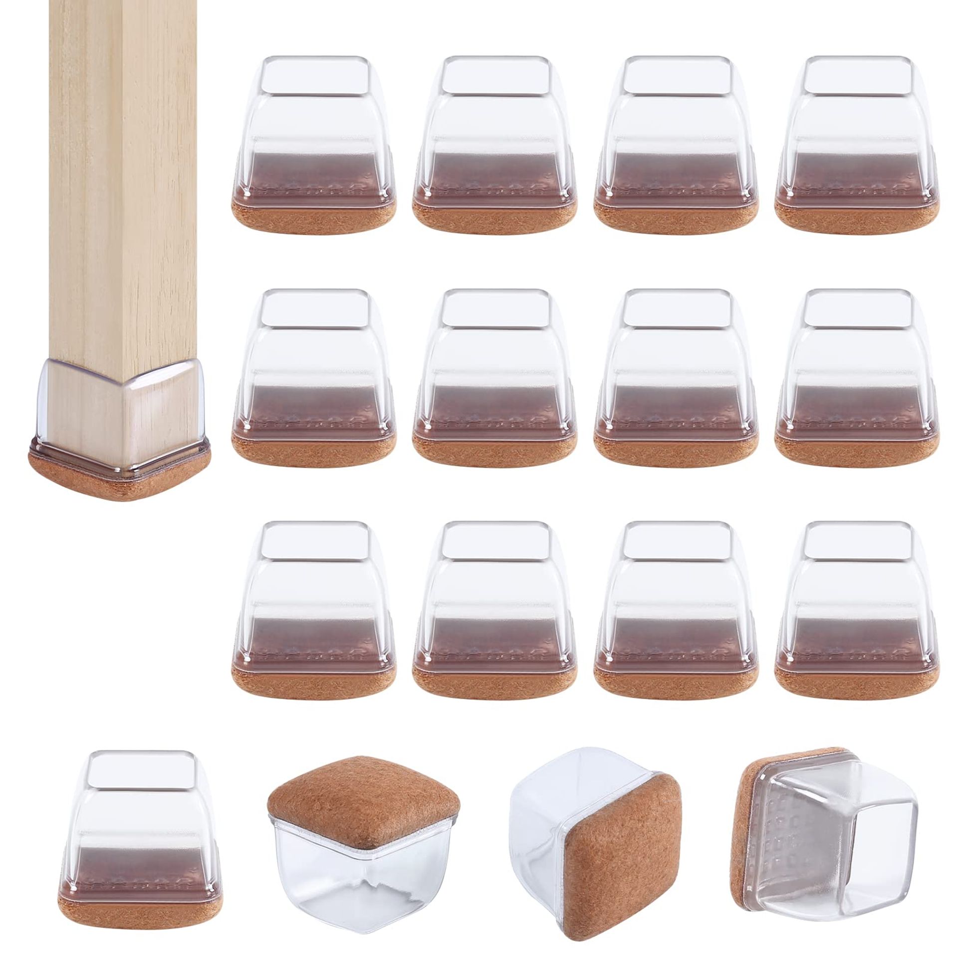 Clear Silicone Chair Leg Floor Protectors, 16 Pcs, Square Caps with Felt, No Scratches or Noise, 1 Inch