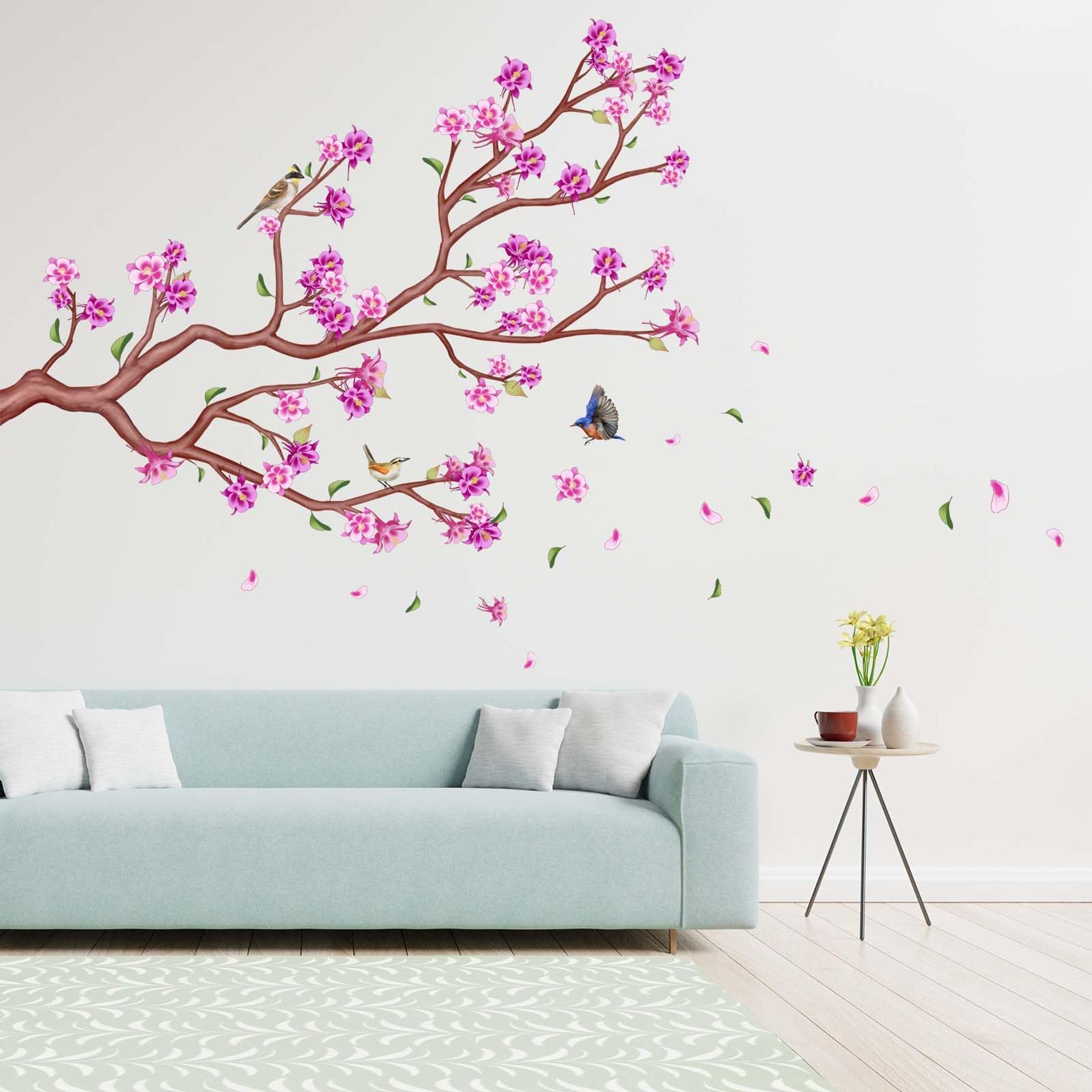 Amimagen Pink Watercolor Cherry Blossom Wall Stickers - Tree Branch Flower Birds Wall Decals - Bedroom Living Room Sofa TV Background Home Wall Decor
