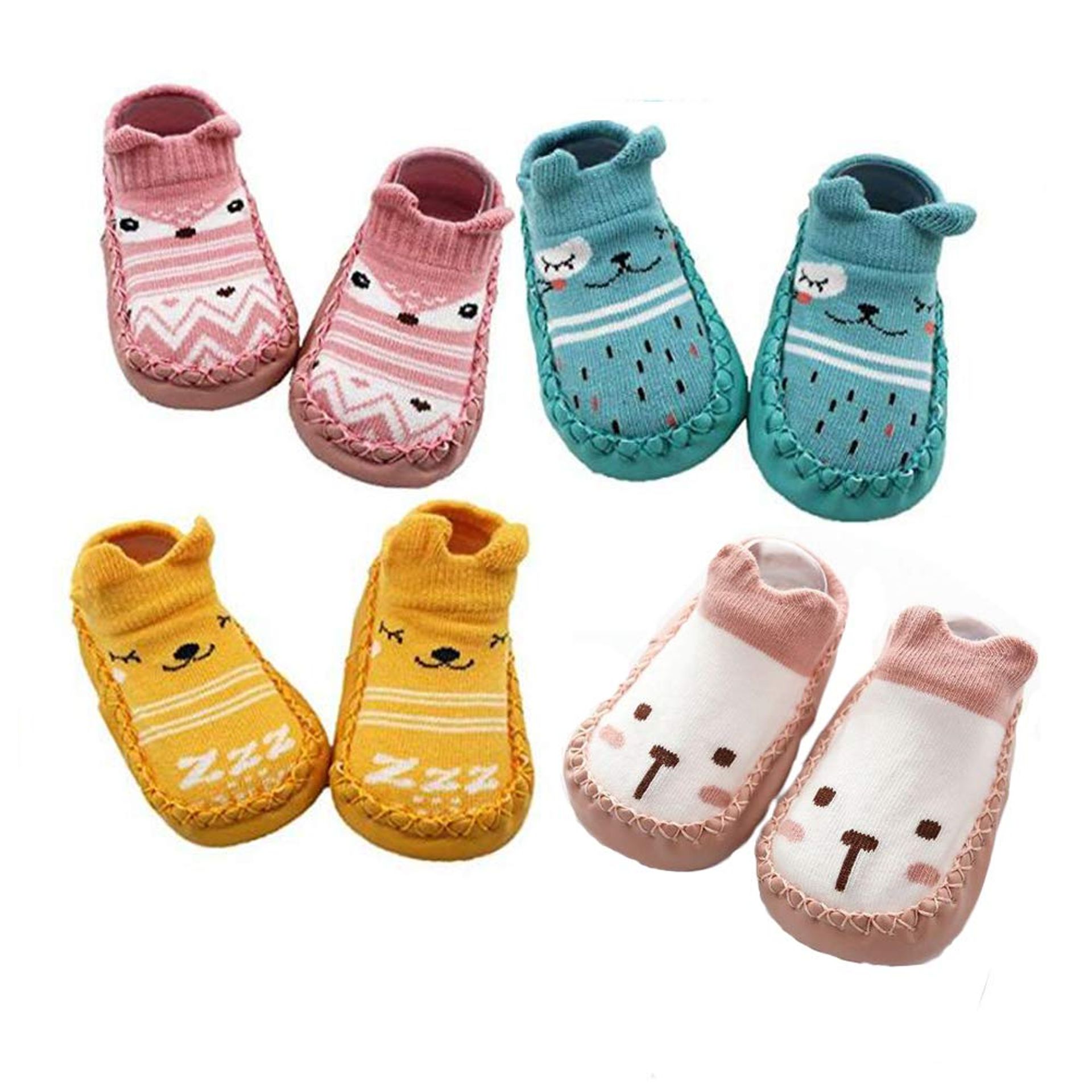 Baby Boys & Girls Indoor Pre-Walker Slippers 4 Pairs Anti-Slip Soft Cotton Socks - Pink Set02 6-12 Months