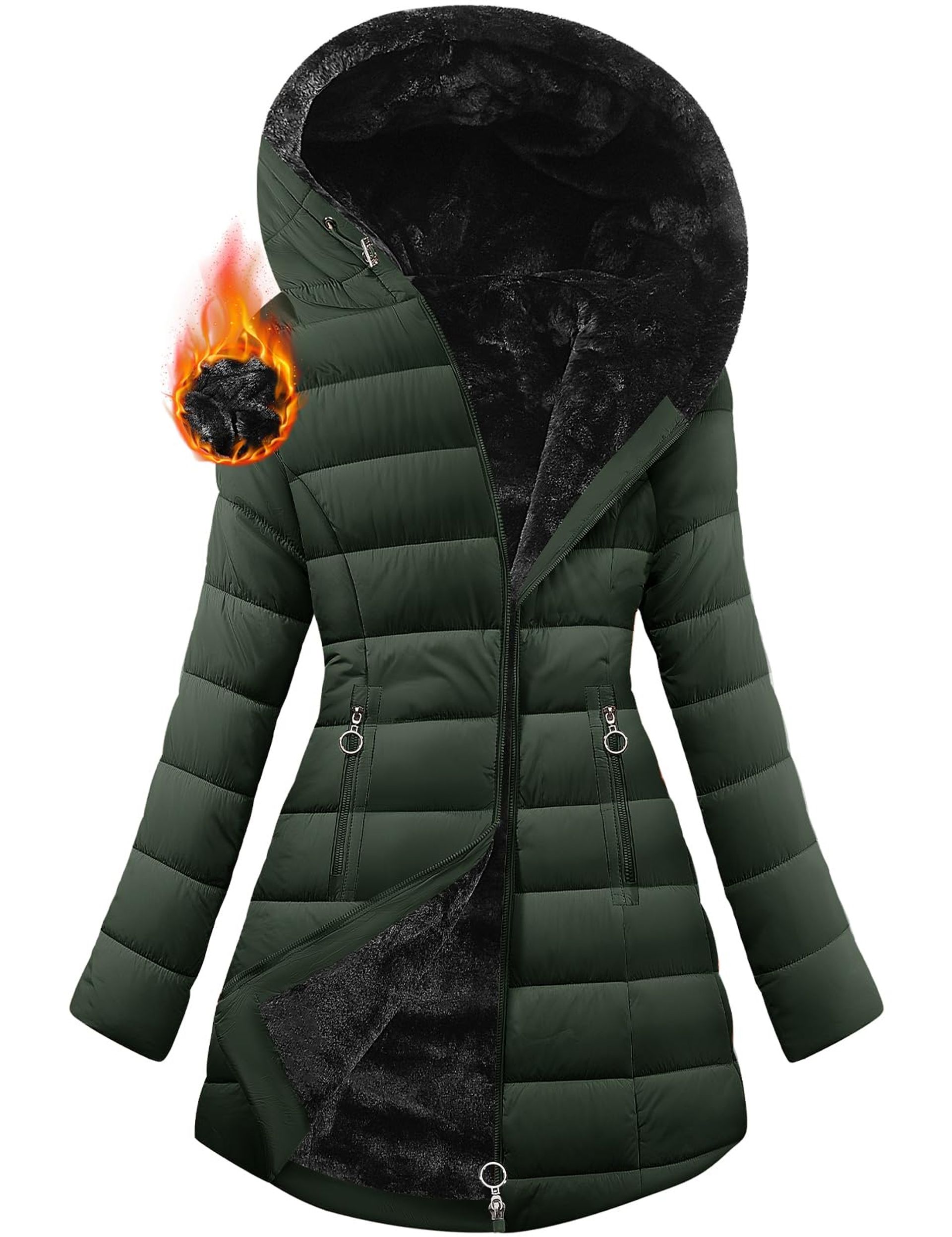 Yuson Girl Winterparka voor dames, lange gewatteerde jas, fleece gevoerd, herfst, winter, dikke warme parka met bont, waterdicht, outdoor, elegante parka met zak, Donkerblauw, L