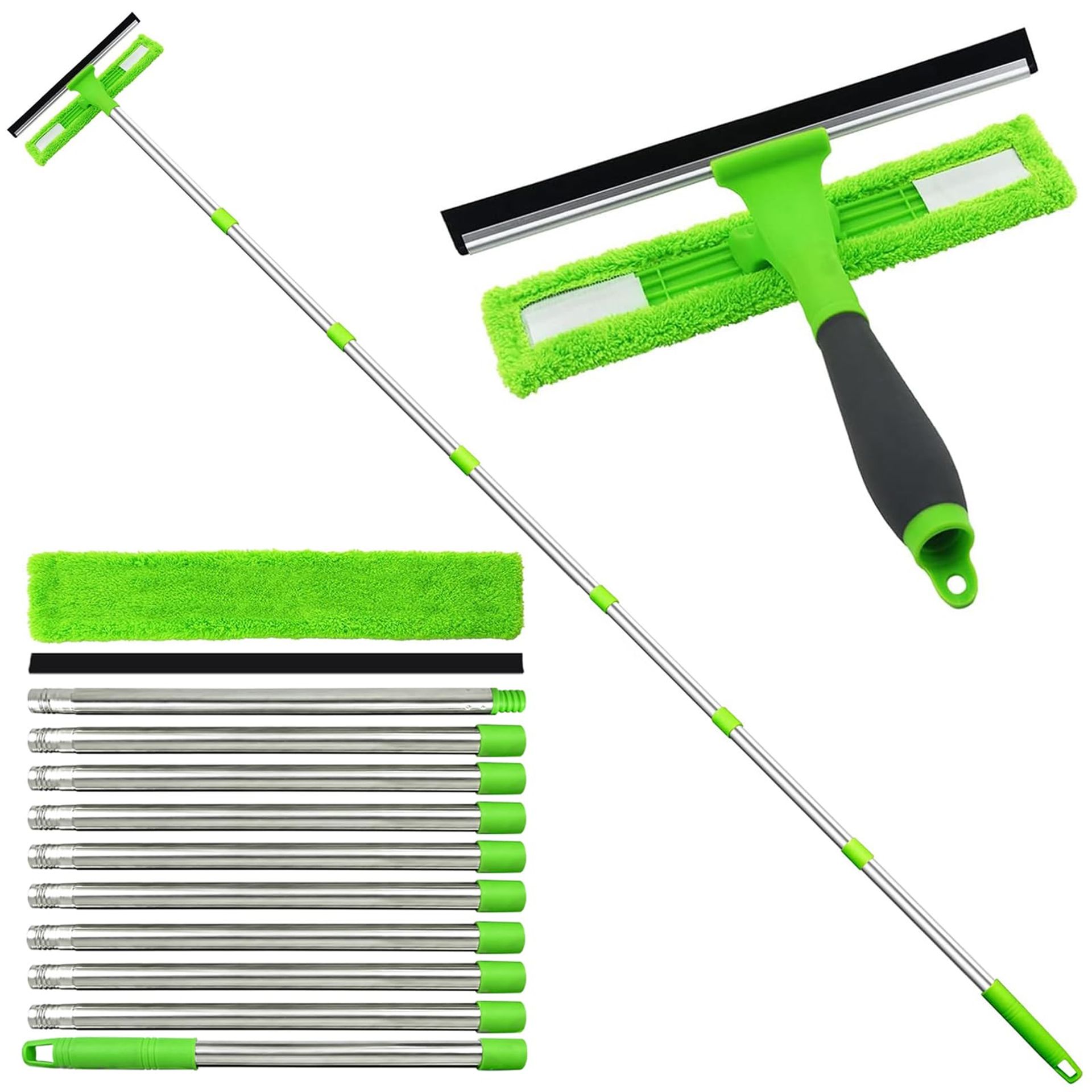 Extendable Window Cleaning Kit with Microfibre Scrubber & Silicone Squeegee 3.6m Reach - Green 3.6 Meter