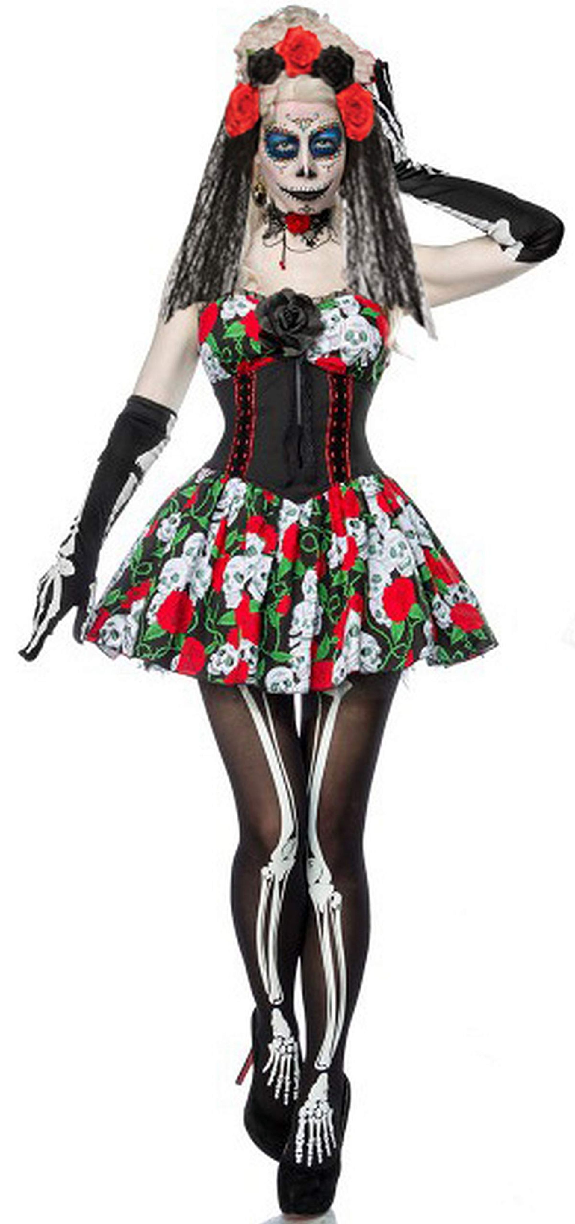 Ladies Day of the Dead Fancy Dress Costume with Dress, Gloves, Stockings & Headband - Halloween Sugar Skull Outfit UK 10