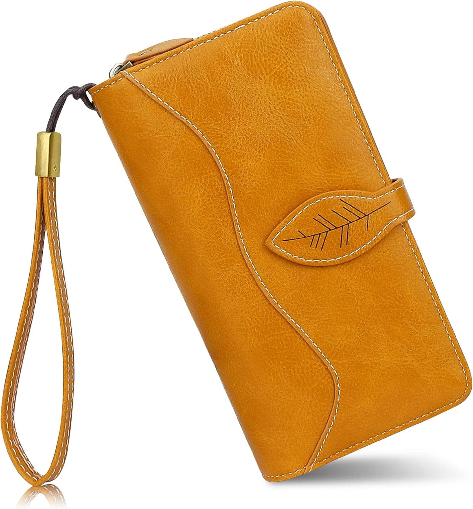 Large Capacity Women's Wallet RFID Protection Long Leather Purse Multiple Card Slots - Yellow XL Leaf-01