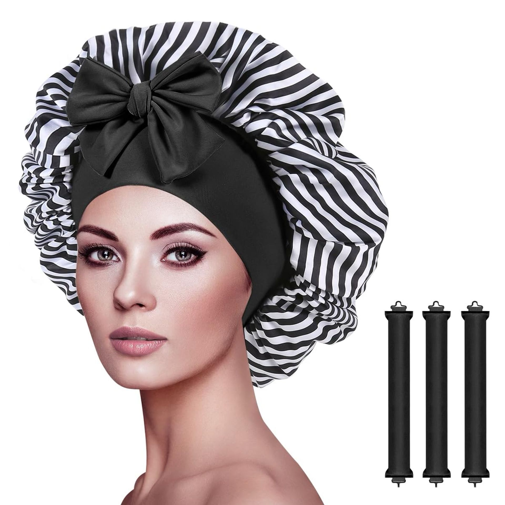 Silk Bonnet with Tie & Heatless Curlers Set for Sleep - Zebra Satin Hair Bonnet & Overnight Curlers