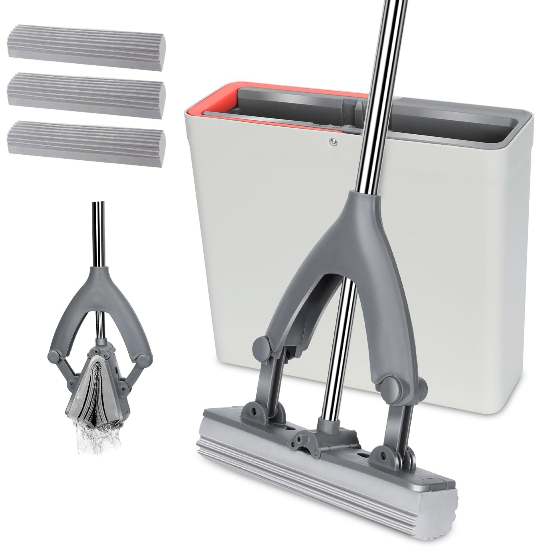 Sponge Mop & Bucket with 3 Replacement Heads, High Absorption PVA Mop for Laminate, Tile & Hardwood Floors