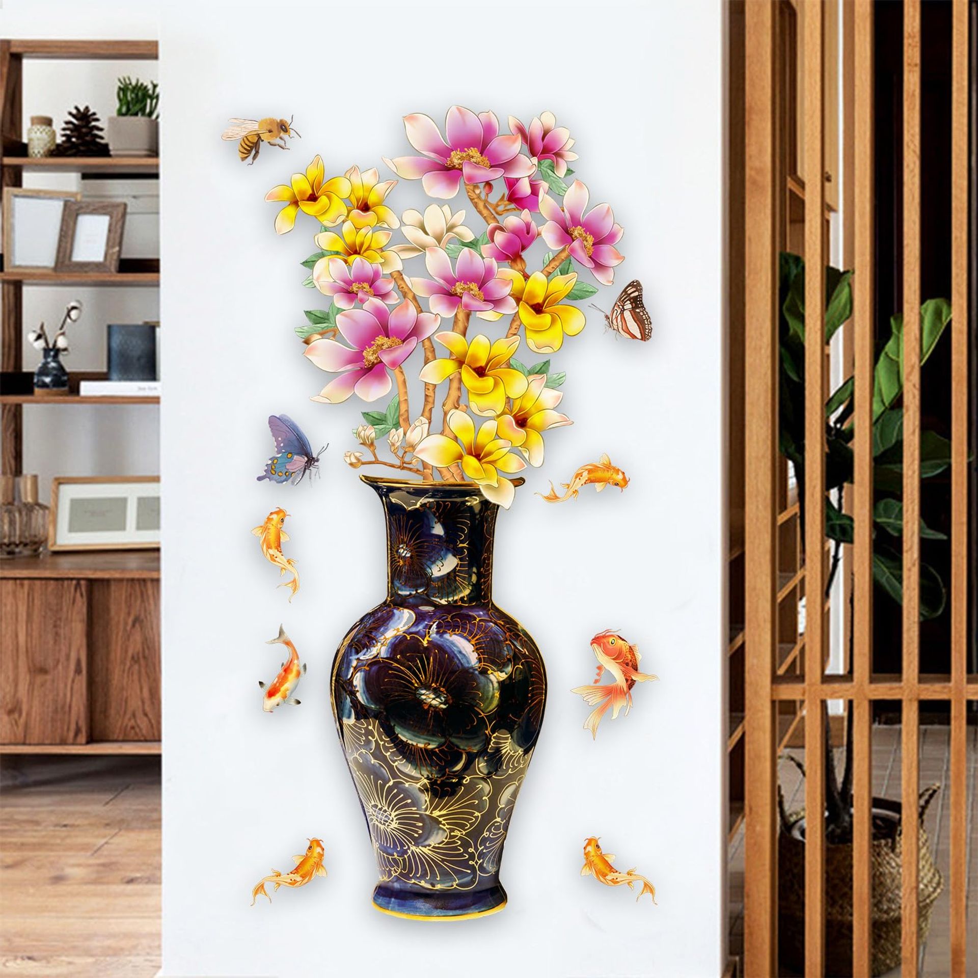 Amimagen Chinese Style Magnolia Flower Wall Stickers - Classical Vase Goldfish Bees Butterfly Floral Wall Decals - Living Room Bedroom Sofa TV Background Home Entrance Backdrop Wall Decor