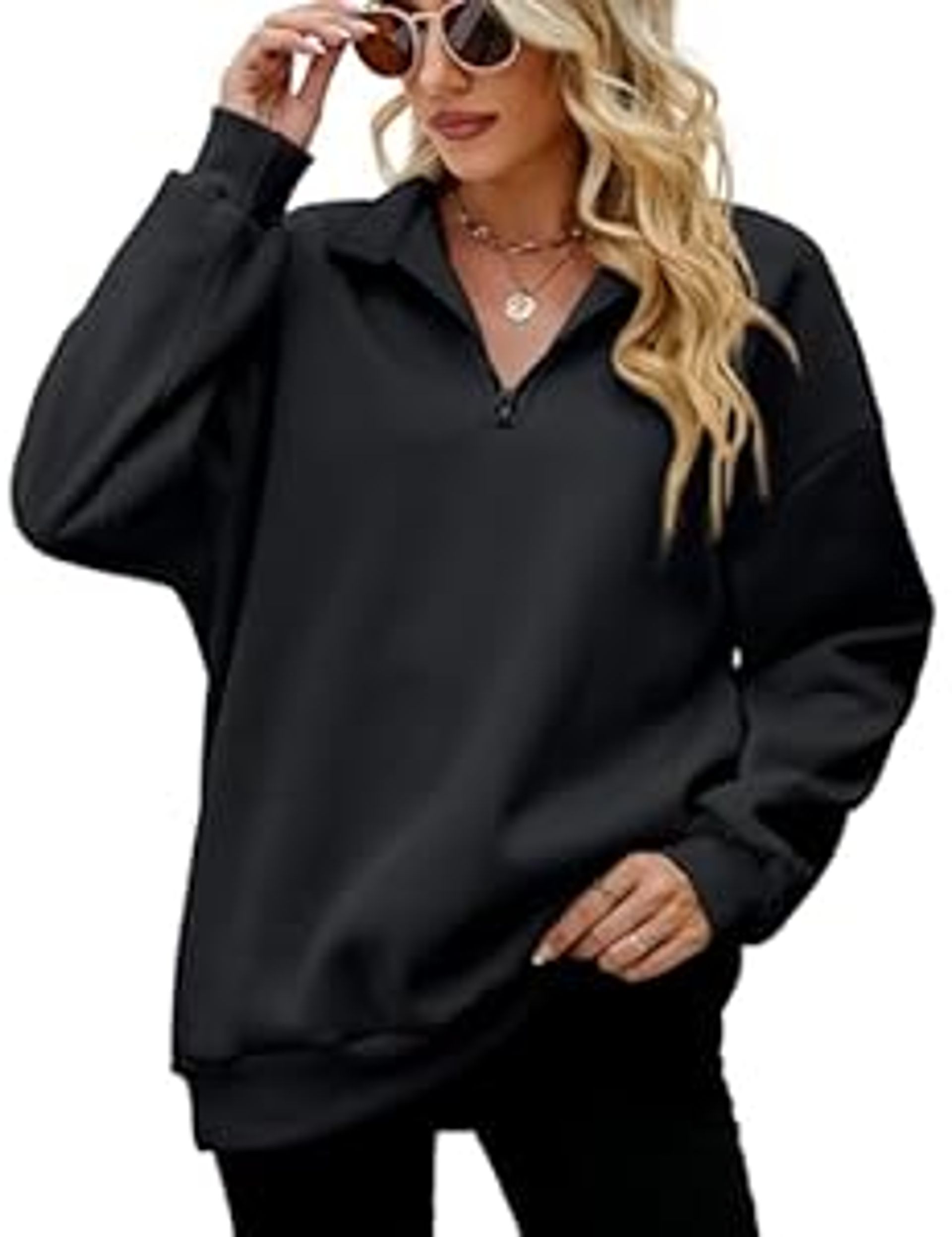 Women's Oversized Quarter Zip Sweatshirt Long Sleeve Casual Pullover Jumper - Black S