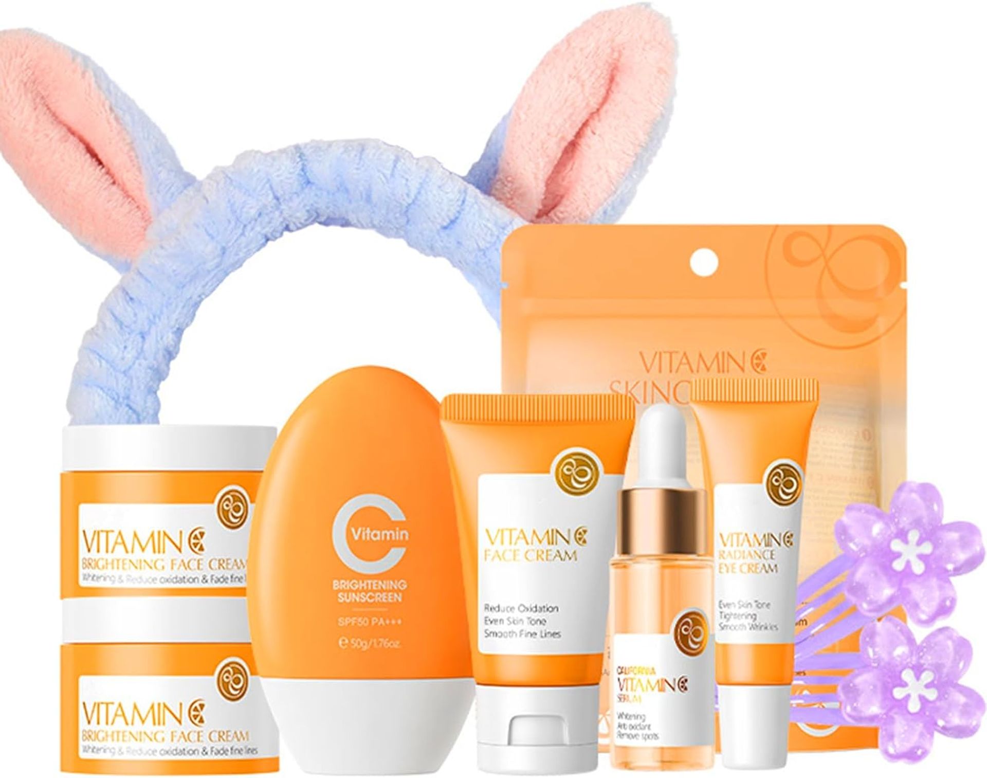 Vitamin C Skincare Gift Set for Women - Includes Serum, Cream, Sunscreen, Eye Cream & Hair Accessories