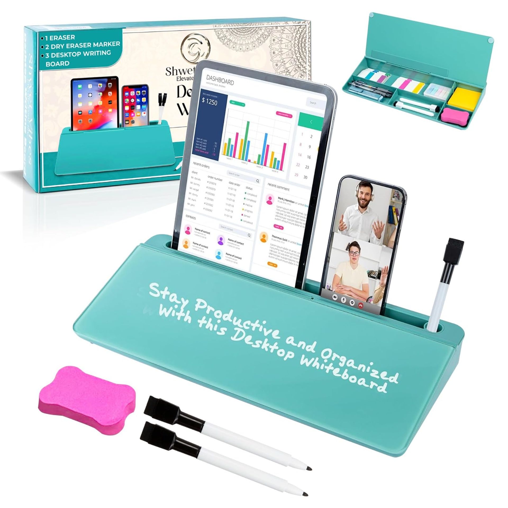 Desktop Glass Whiteboard with Drawer Organiser for Notes & Reminders - Turquoise