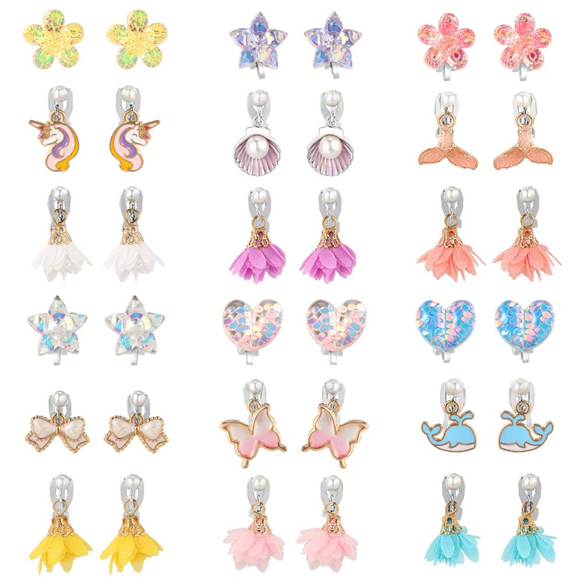 18 Pairs Clip-On Earrings for Girls - Unicorn, Mermaid, Flower Designs - Perfect Party Favours & Dress Up