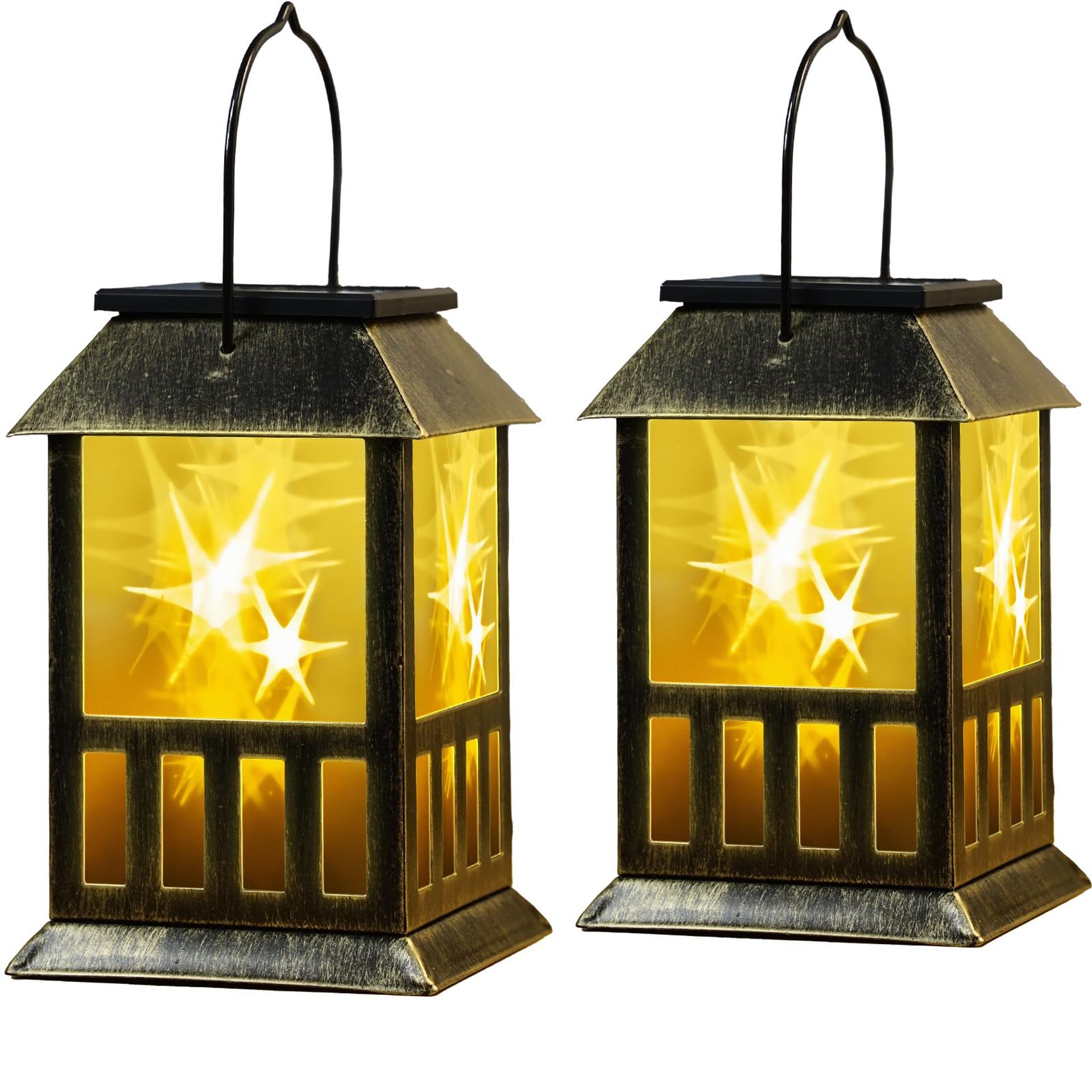 Outdoor Solar Lanterns 2 Pack with 3D Flickering LED Effect, Waterproof Metal Hanging Lights, Solar & USB-C Rechargeable for Garden Decor