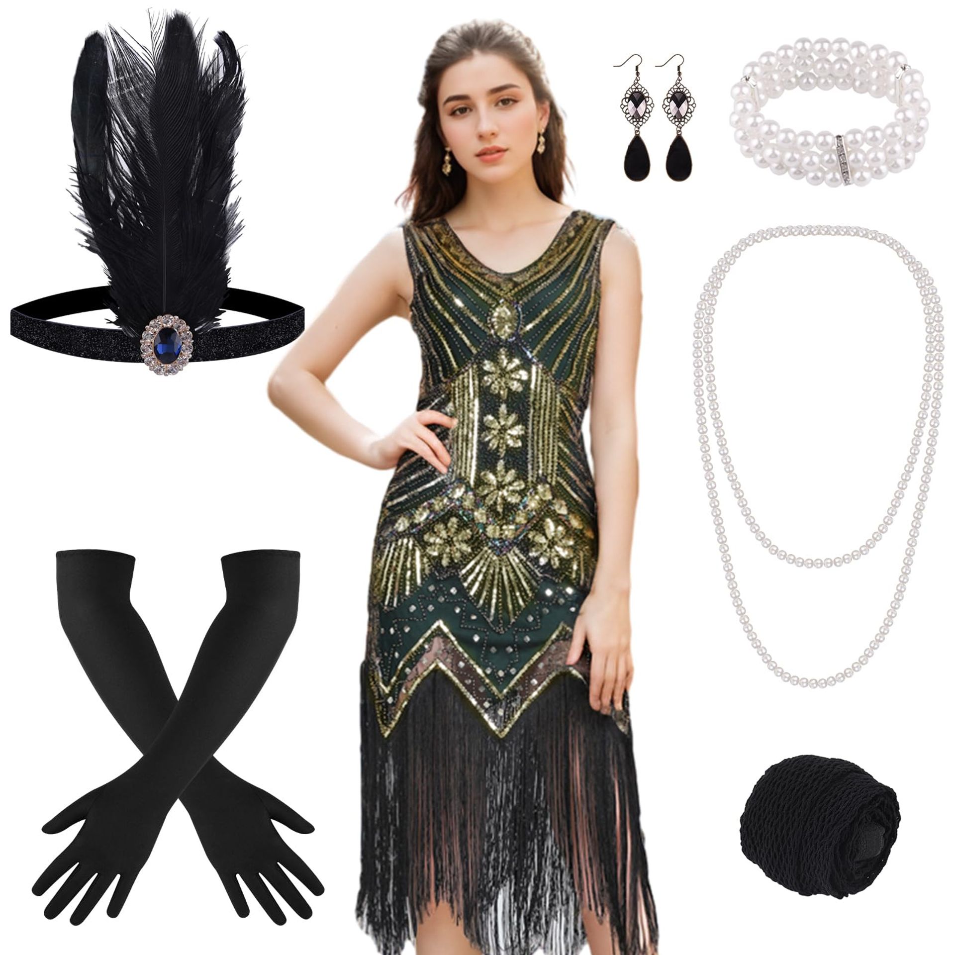 1920s V Neck Sequin Beaded Fringed Dress with Accessories Set Gatsby Fancy Dress Outfit - Green M Style 3