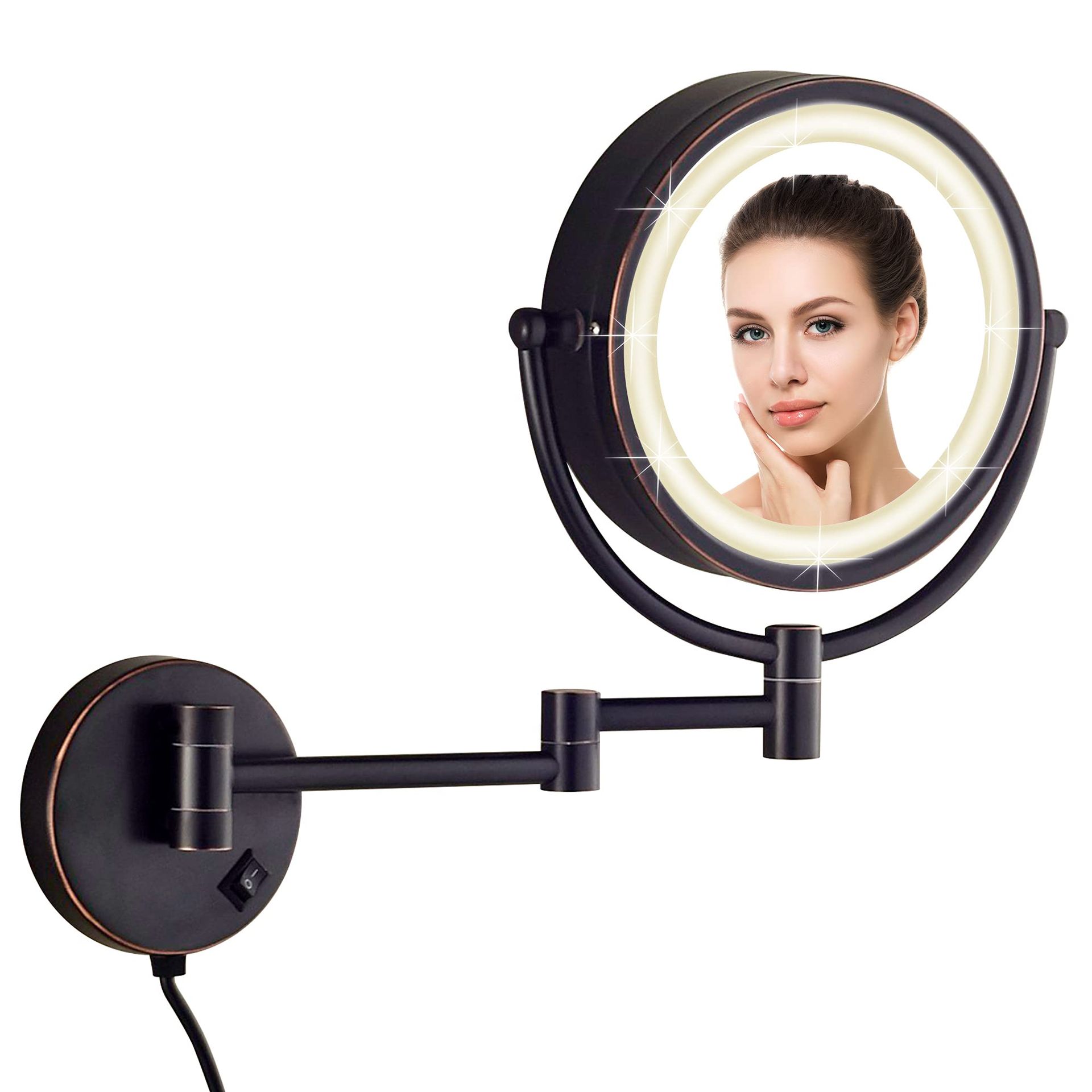 Wall Mounted Magnifying Mirror Double Sided 7x/1x LED Light Extendable 360° Rotatable 20cm - Oil Rubbed Bronze Finish 20cm