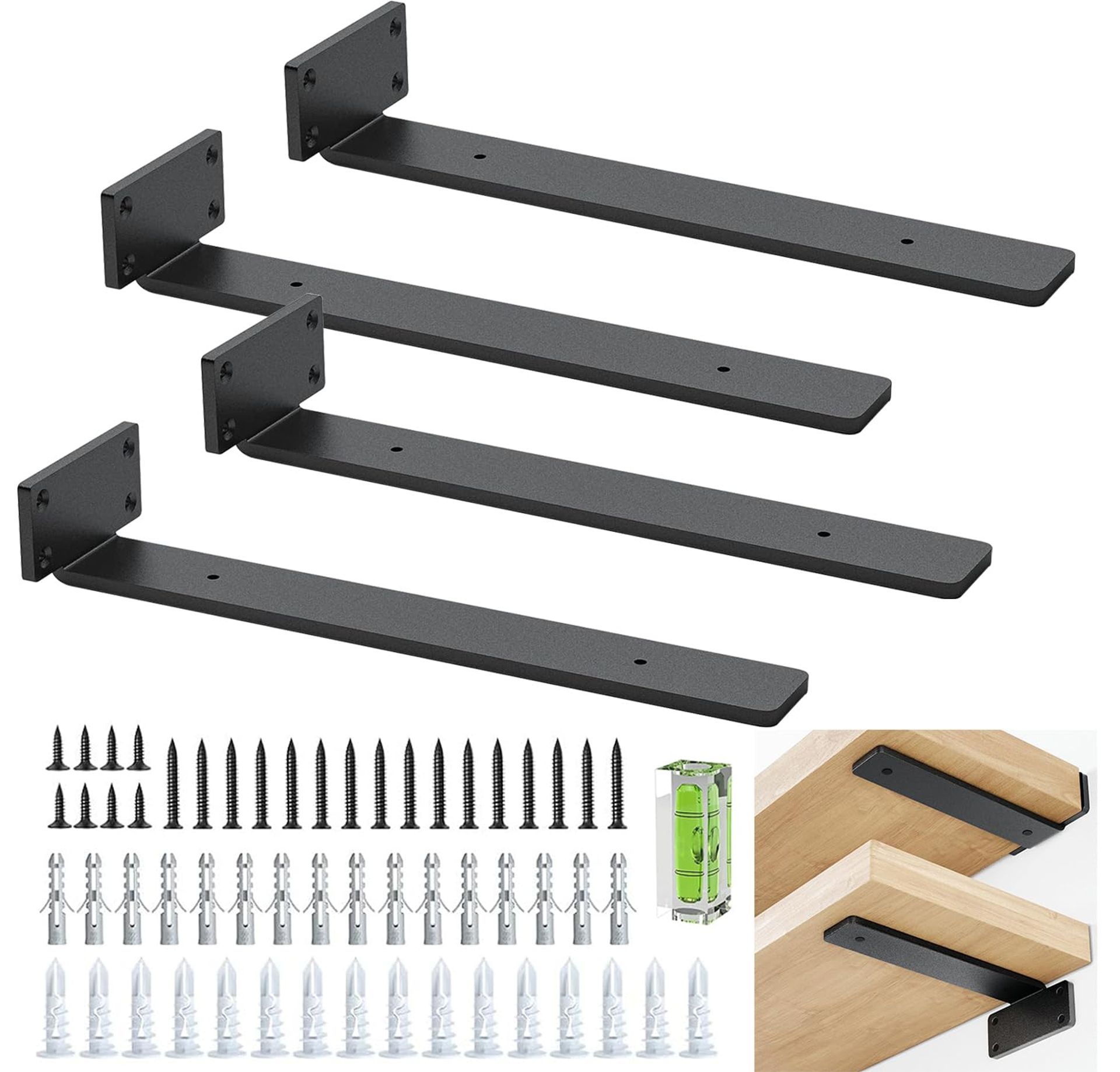 Wall Shelf Brackets Heavy Duty Metal L-Shaped Support Set of 4 Powder Coated - Black 30cm