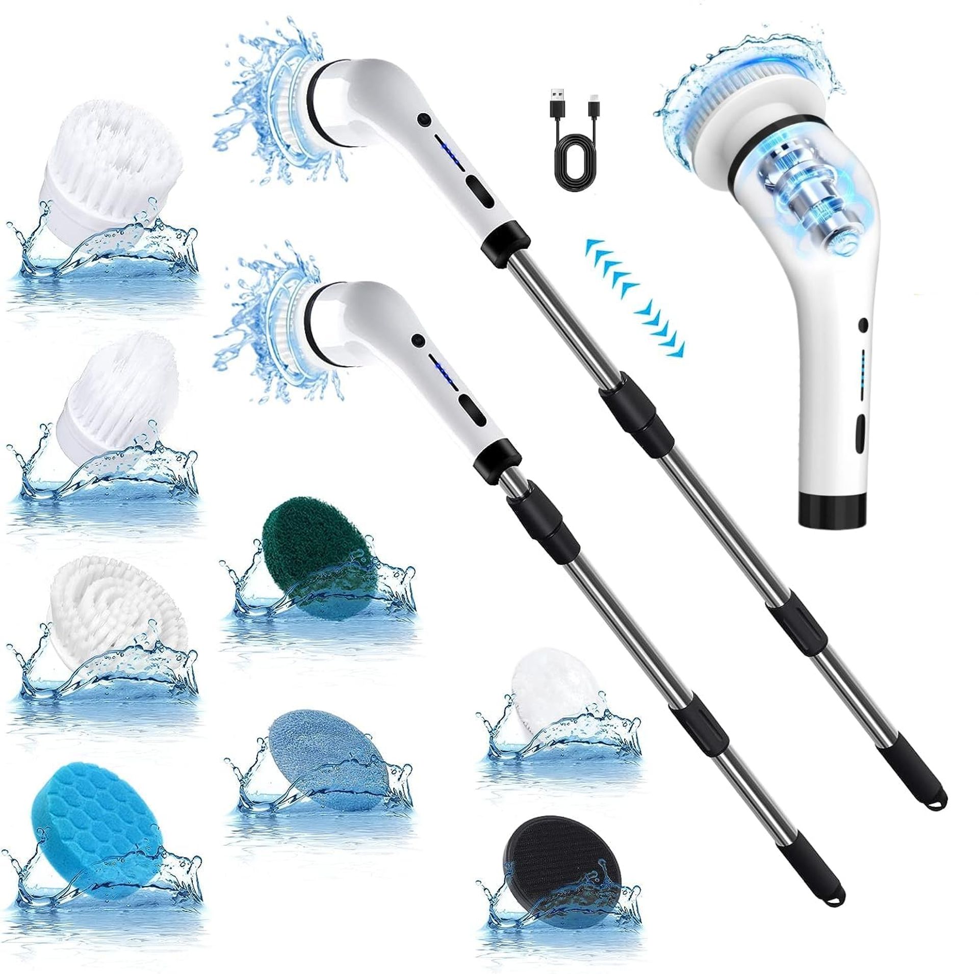 Cordless Electric Cleaning Brush Scrubber with 8 Brush Heads & Extension Arm for Bathroom, Tile, Kitchen & Car