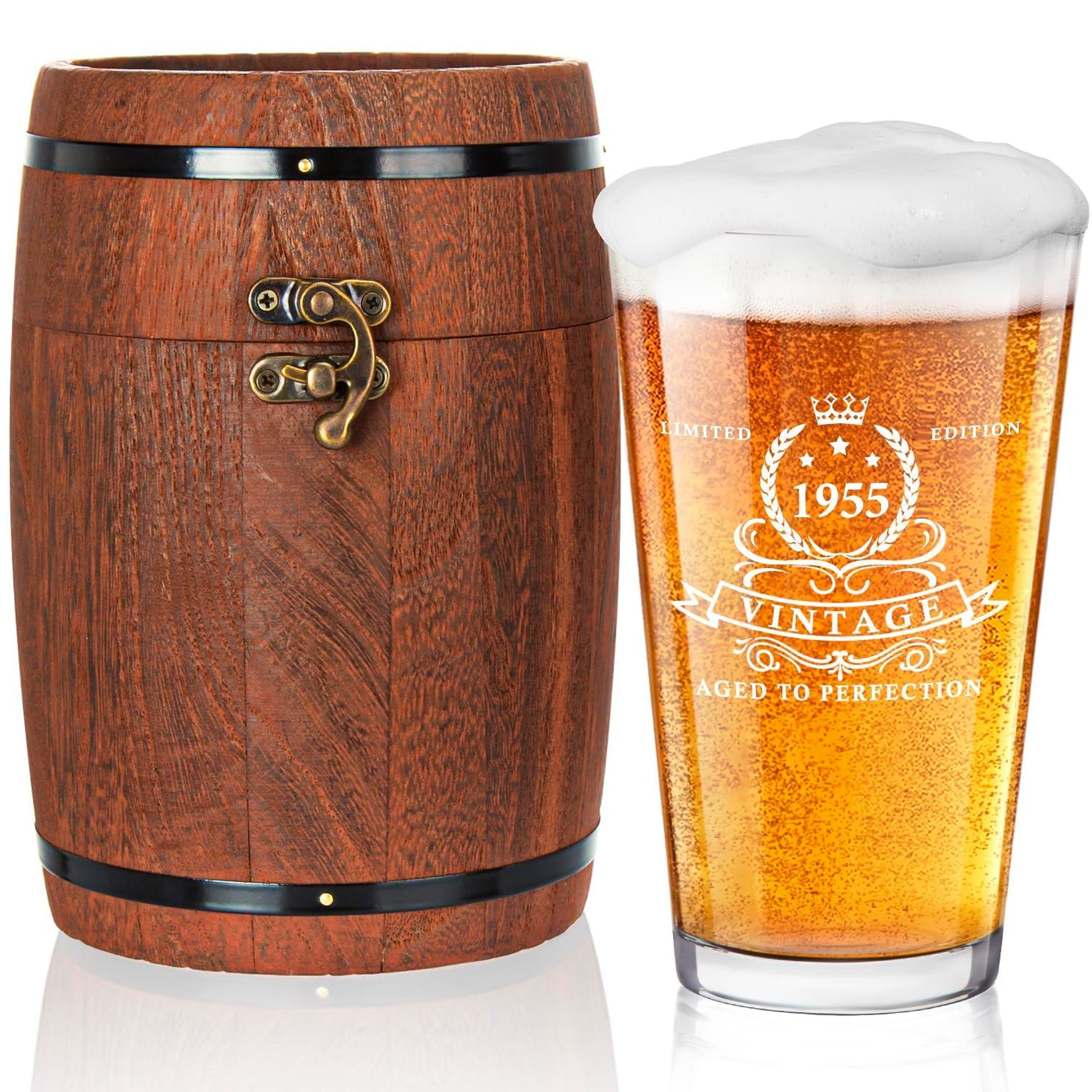 70th Birthday Beer Glass Gift for Men 450ml Keepsake in Barrel Box - Brown 3.18x5.86in