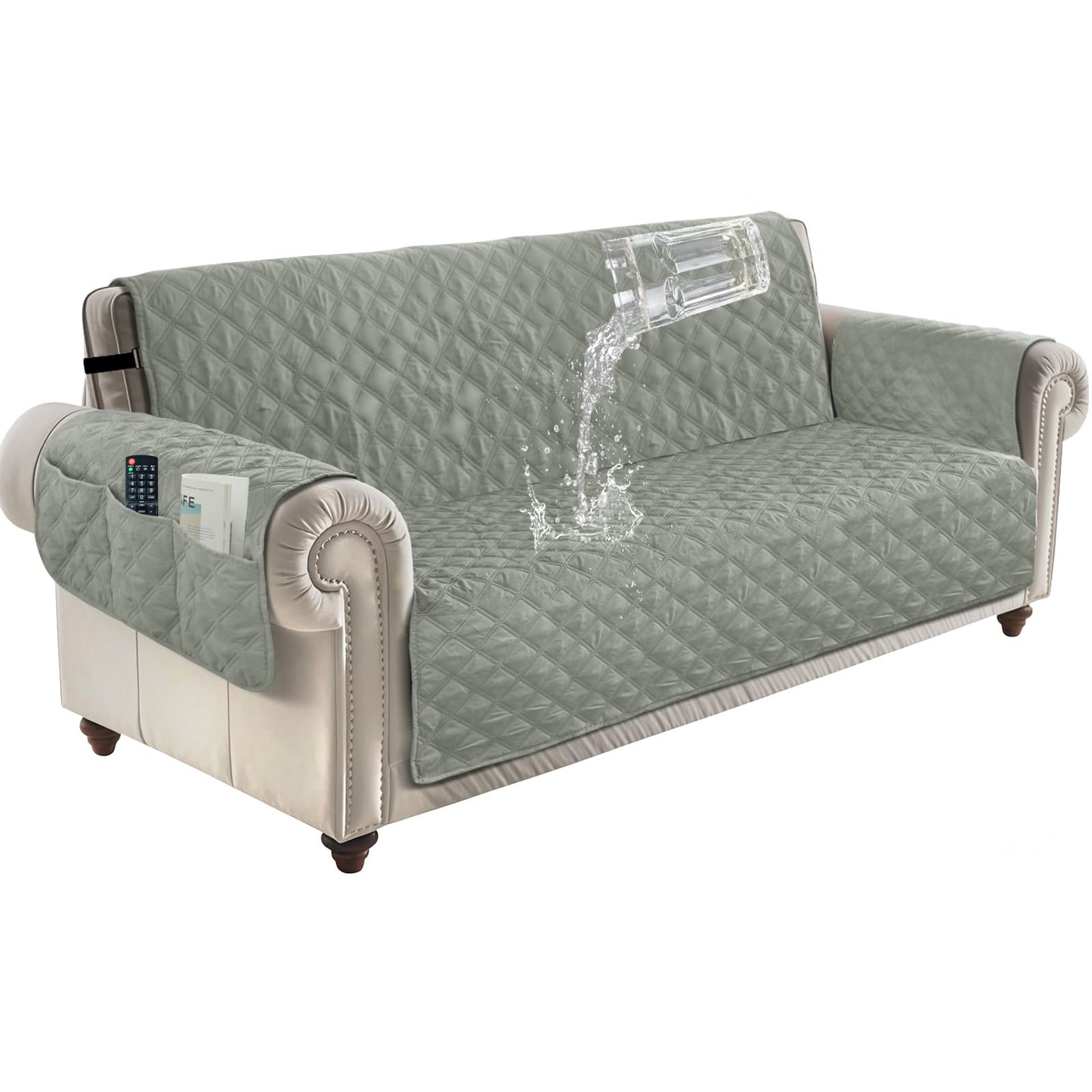 100% Waterproof 4 Seater Sofa Cover Slipcover, Non-Slip Washable Protector with Storage Pockets - Light Grey