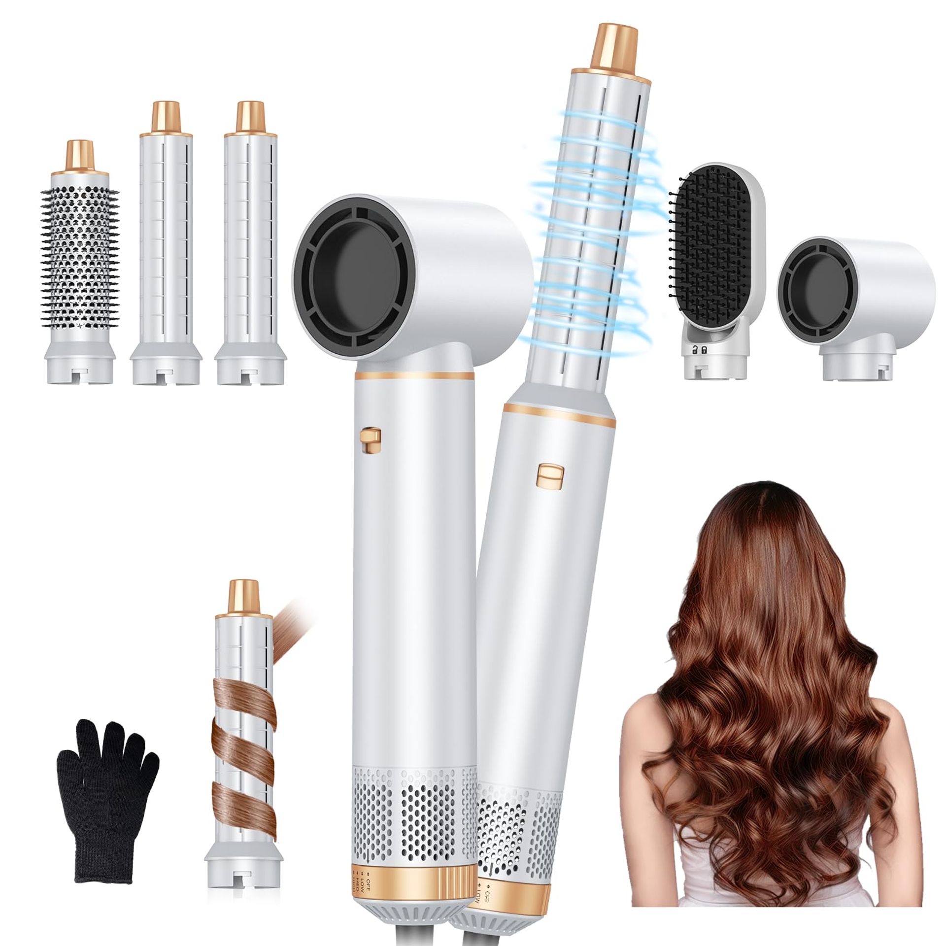 5 in 1 Hair Dryer Brush Ionic Air Styler with Interchangeable Attachments for Fast Drying, Curling and Straightening Hair - White - Valentines
