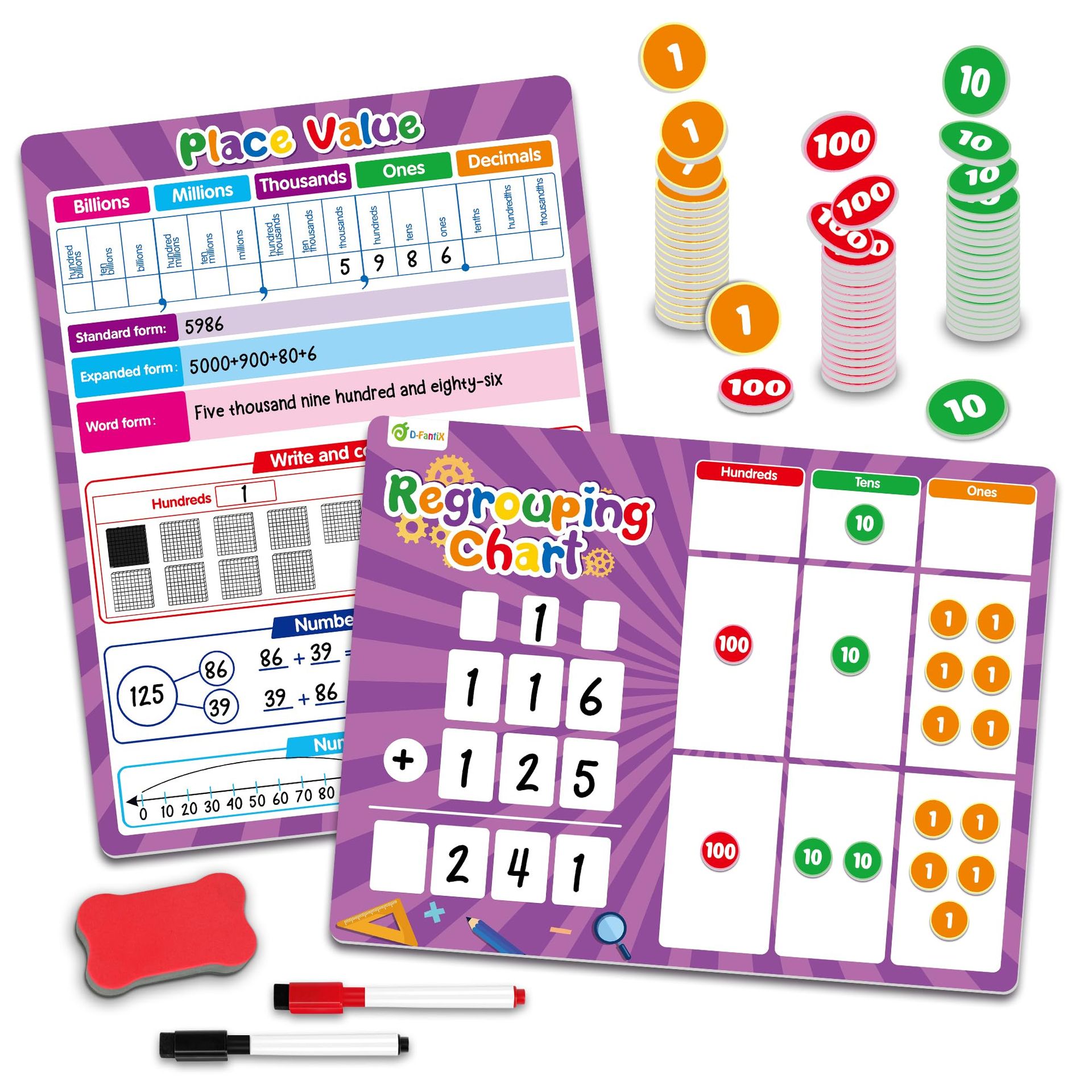 Regrouping Base Ten Place Value Board Magnetic Dry Erase for Kids Maths Learning Addition & Subtraction Manipulatives - Purple Extra Large