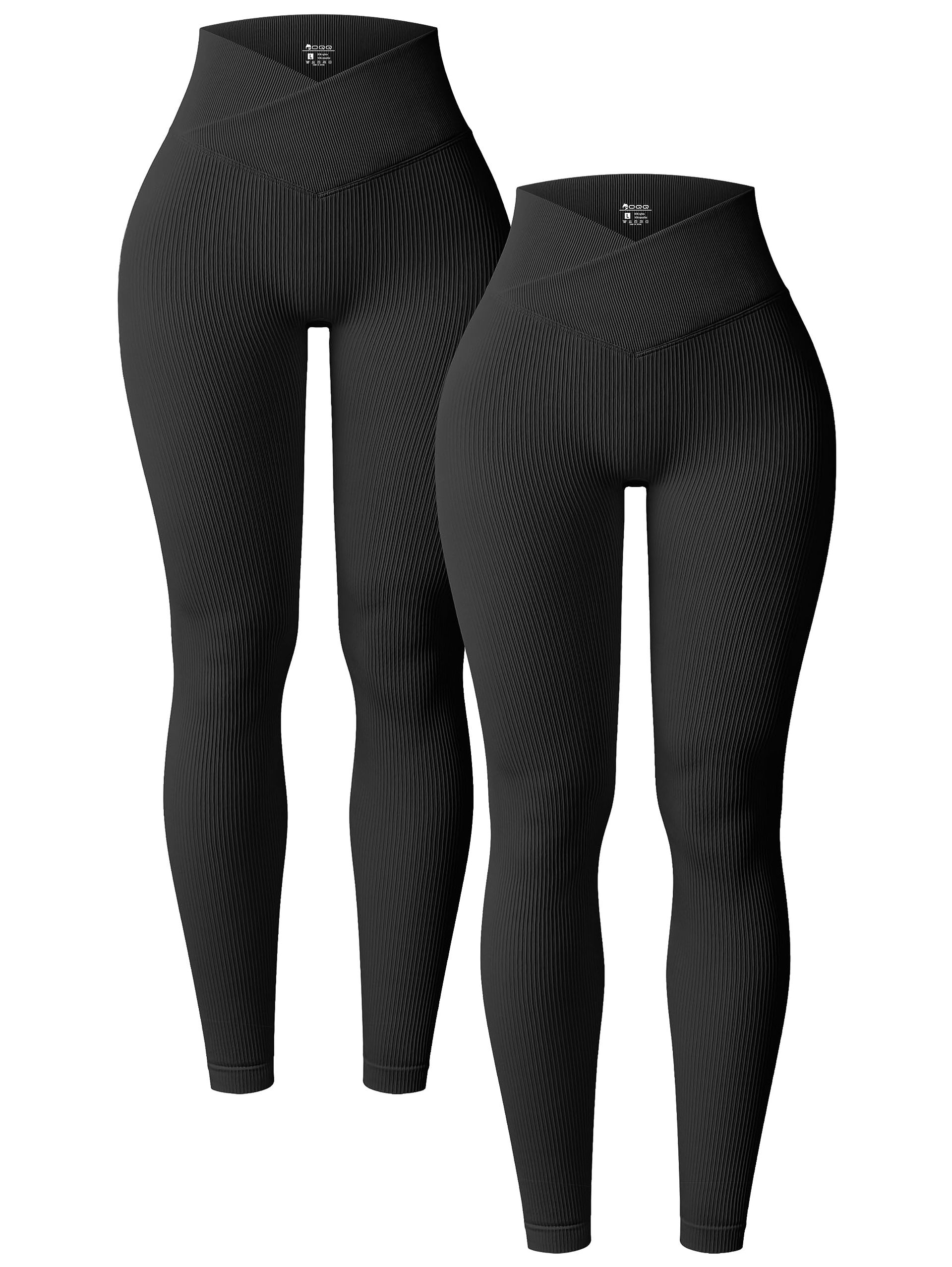 Women's 2 Piece Yoga Leggings Ribbed Seamless High Waist Cross Over Workout Trousers - Black S