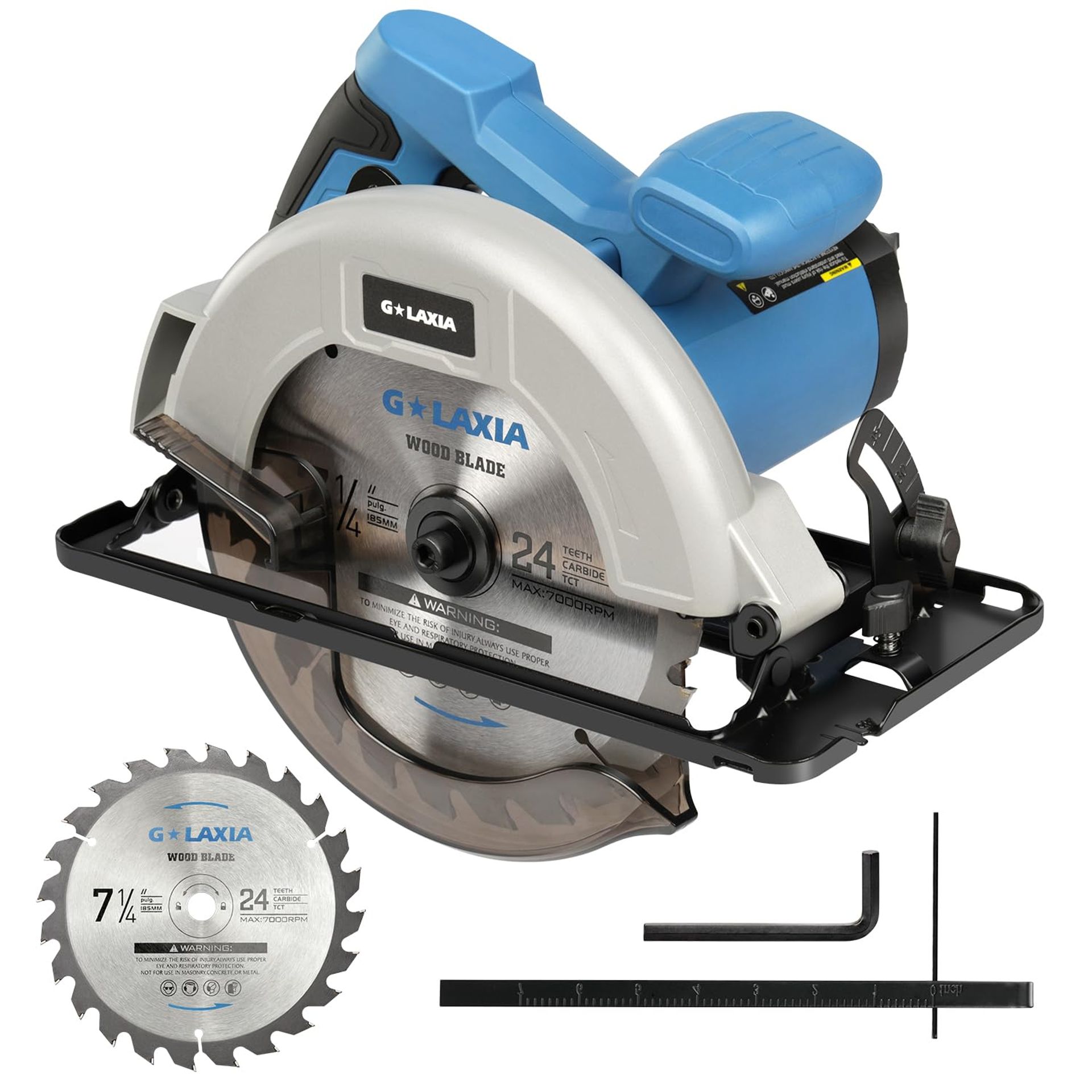 Circular Saw 1400W Electric Power Tool 6000 RPM with 185mm Blade Adjustable Depth & Bevel Cut for Wood Cutting - Blue and Black
