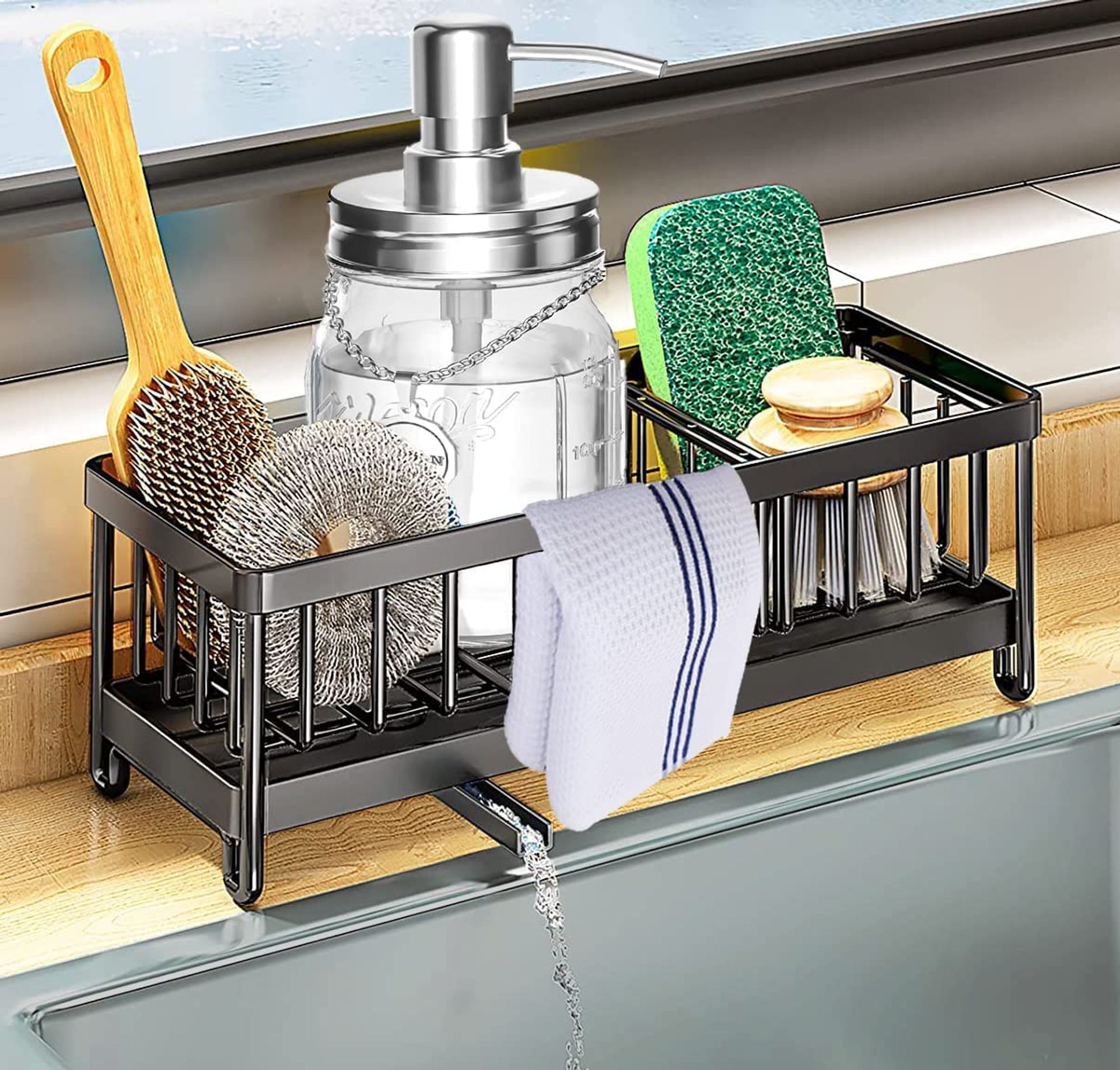 DMJWAN Black Stainless Steel Kitchen Sink Caddy with Auto Drain Tray for Organised Cleaning