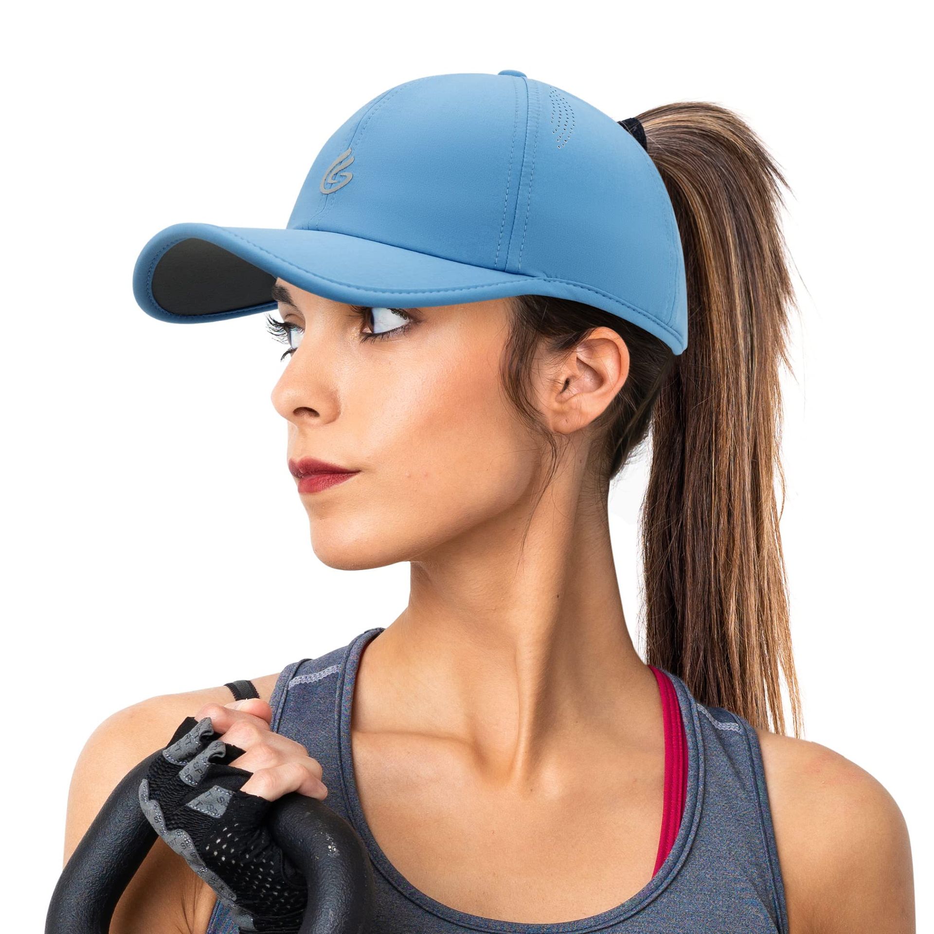 Women's Lake Blue Running Hat with Ponytail Hole - Quick Dry, UPF50+