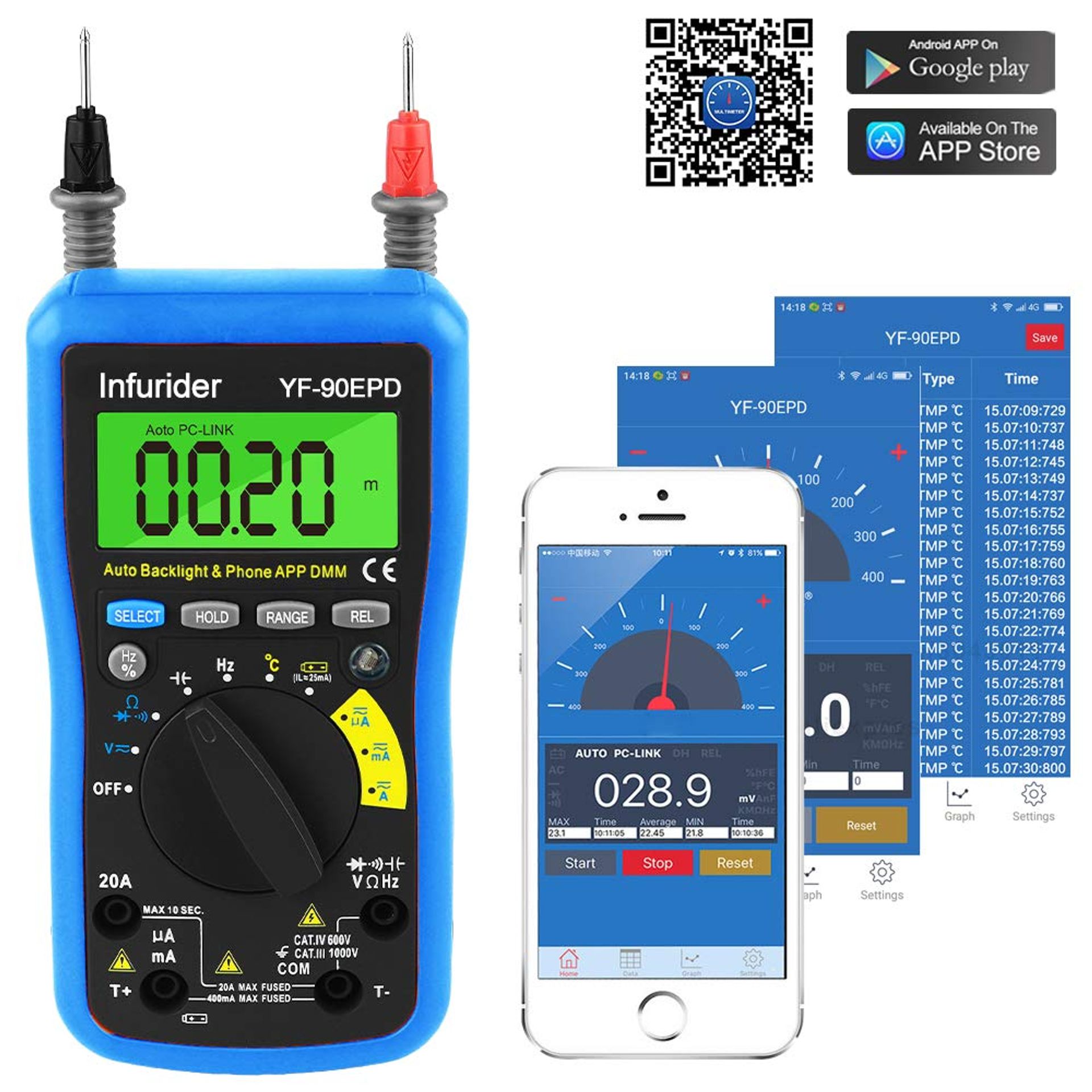 Digital Multimeter Auto-Ranging 4000 Counts Bluetooth AC/DC Voltage Current Resistance Tester - Black 90EPD-With Bluetooth App