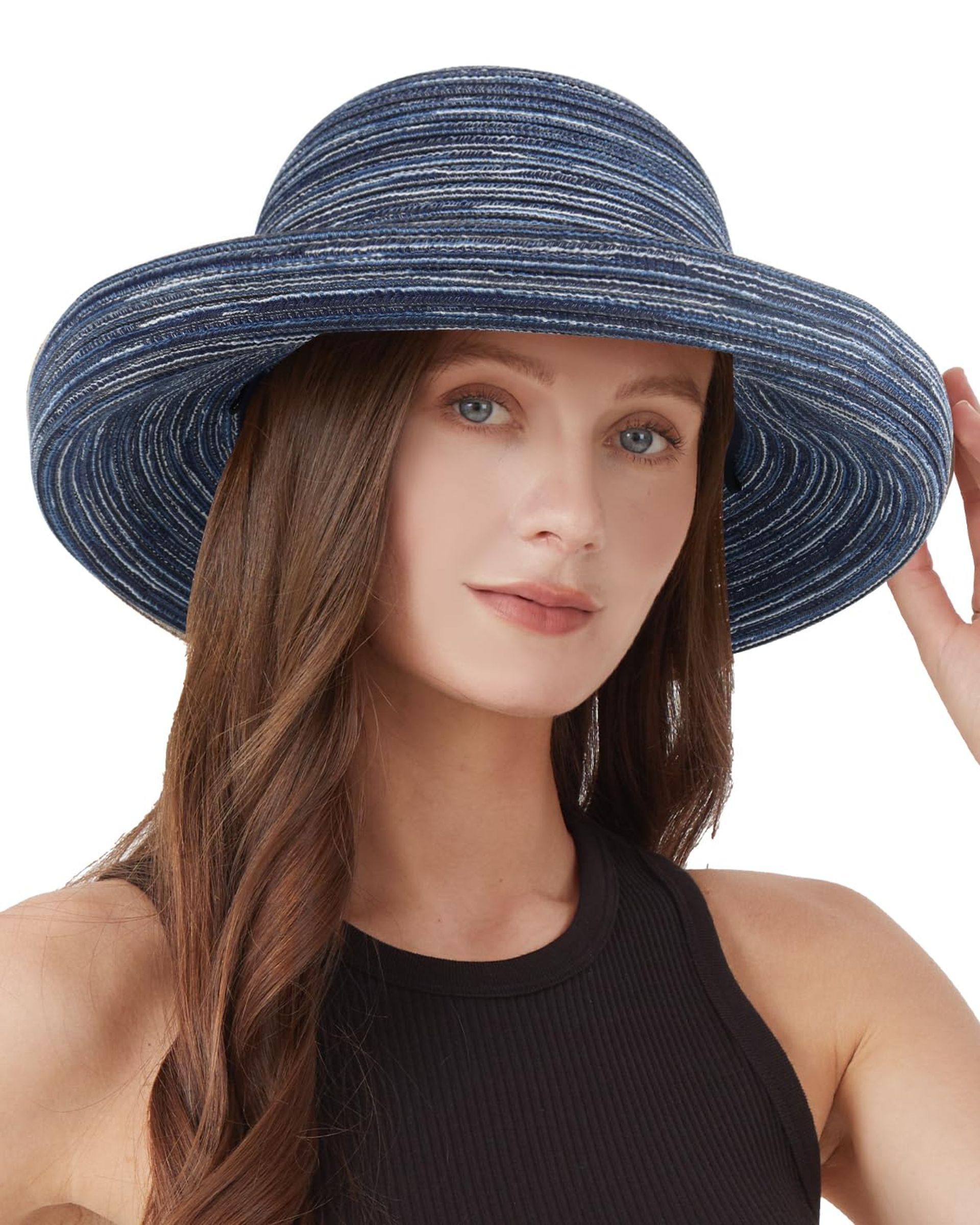 Women's Roll Up Straw Sun Hat UPF50+ Protection Lightweight Summer Beach Style - Bowler-Blue/Mix Beige XL