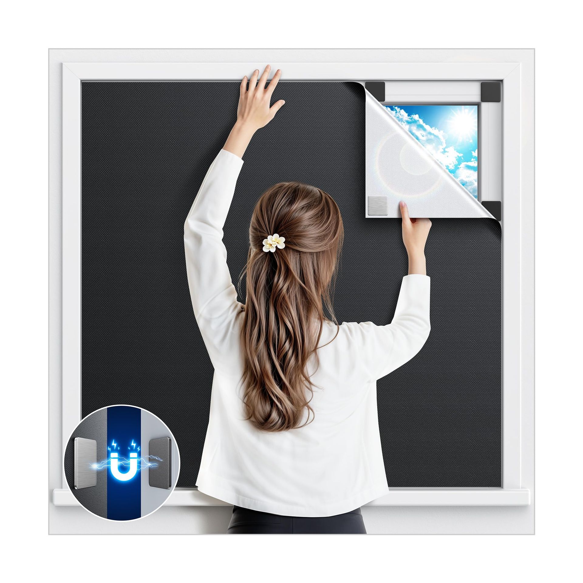 Magnetic Blackout Blind Stick On Easy Fit No Drilling Window Curtain for Bedroom, Nursery, Travel & RV - Black 145W x 191H cm