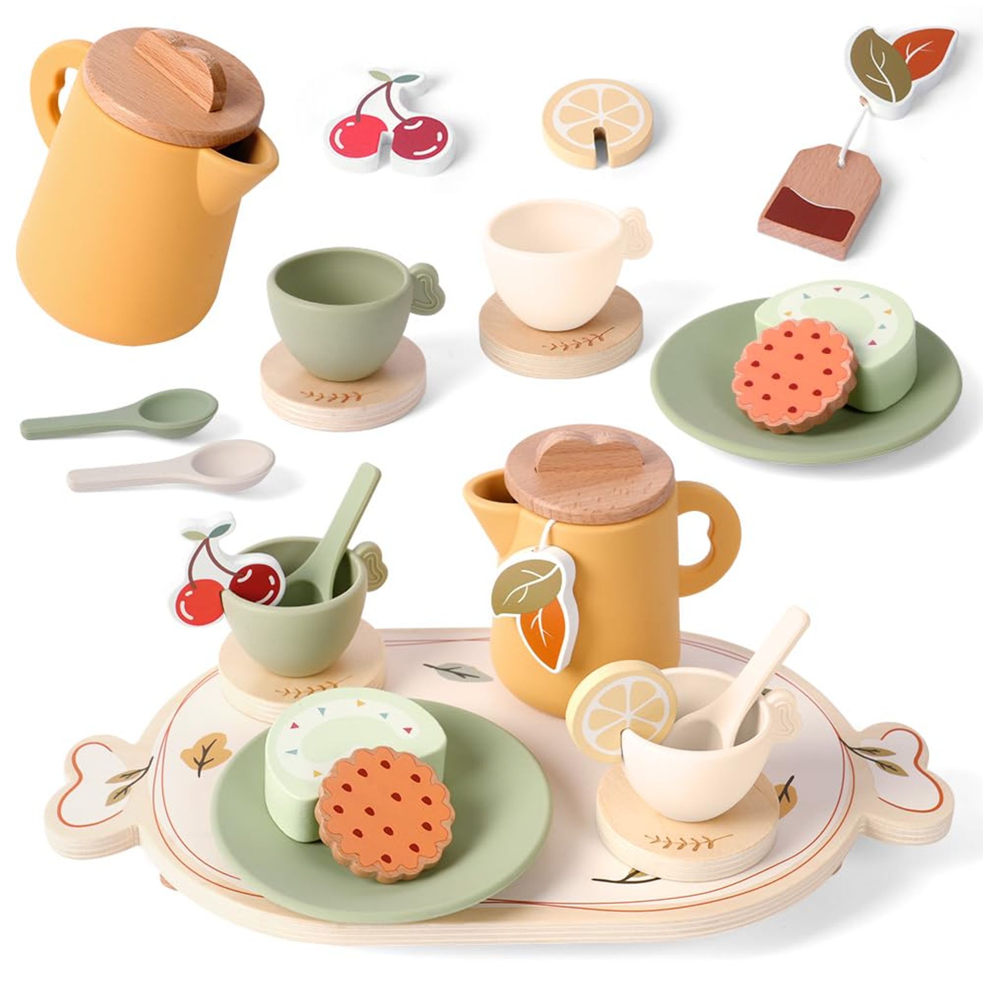 Wooden Afternoon Tea Set for Toddlers Pretend Play Dessert Tray Kitchen Toy - Multicoloured 1 Type 1 (With Tray)