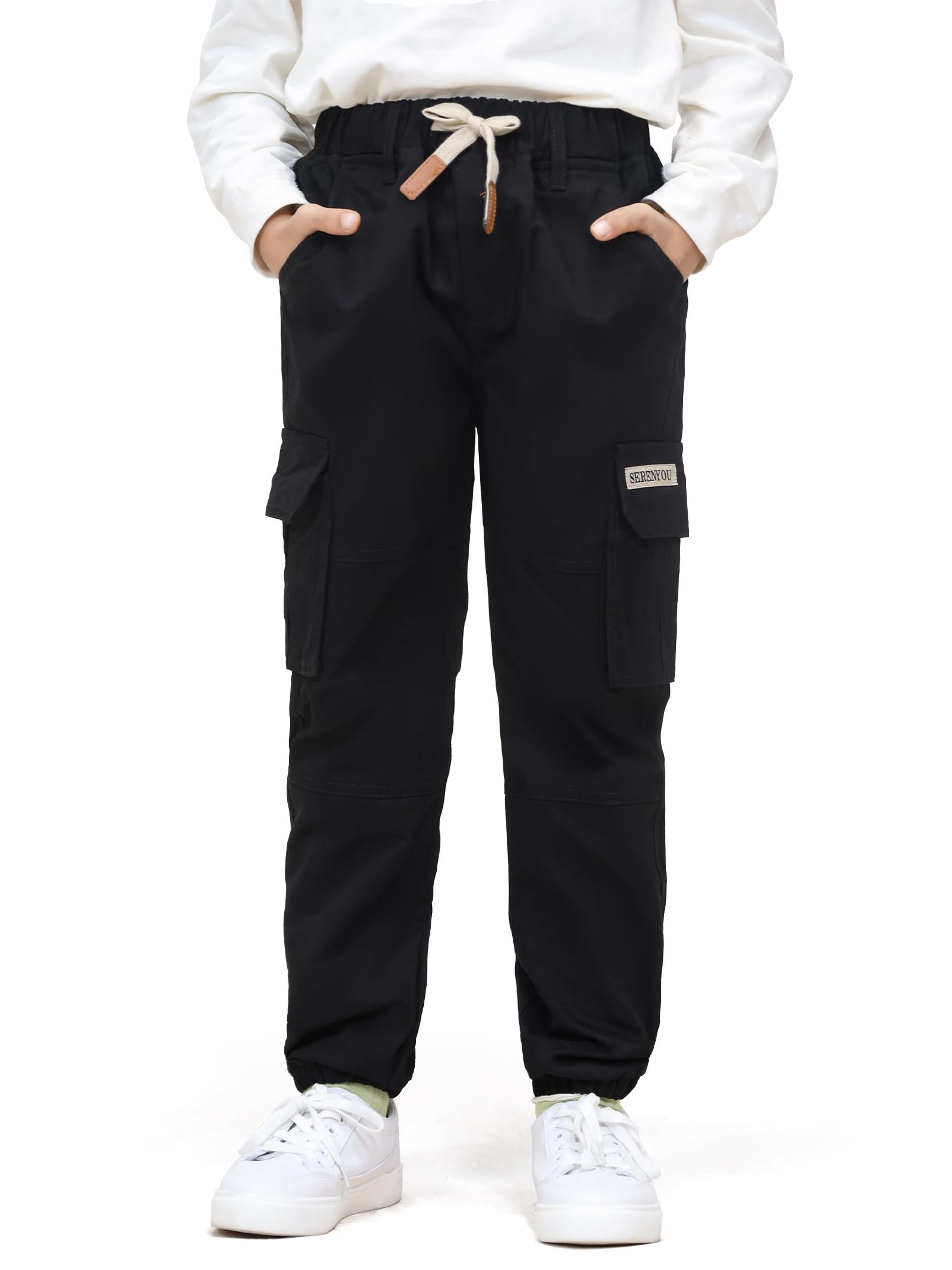 Boys Cargo Trousers Elastic Waist Jogger Pants with Multi Pockets - Black 7-8 Years