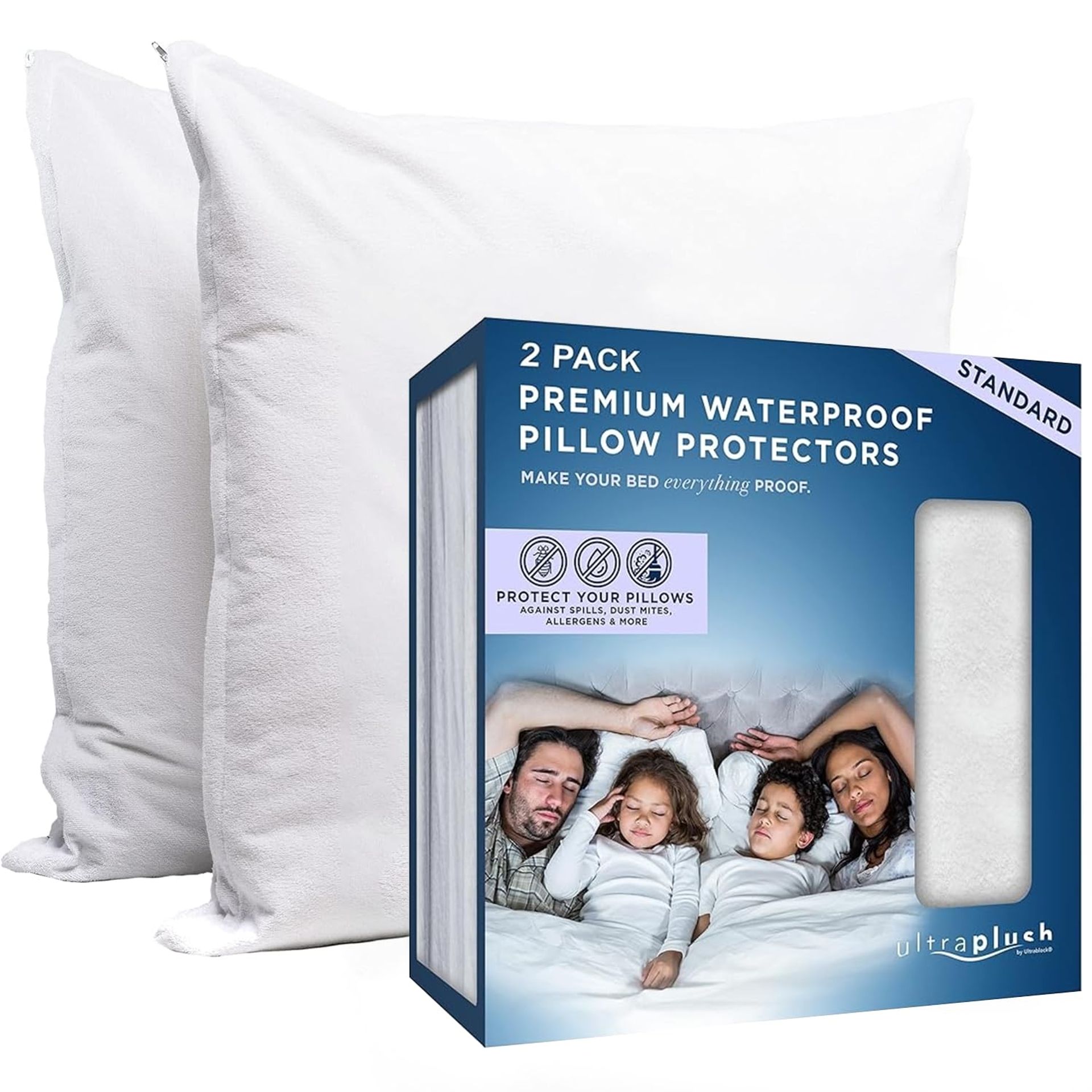 Hypoallergenic Waterproof Pillowcase Set - 2 Pack Zippered Protectors | Super Soft, Bug-Proof | Ideal for Allergies & Sensitive Skin