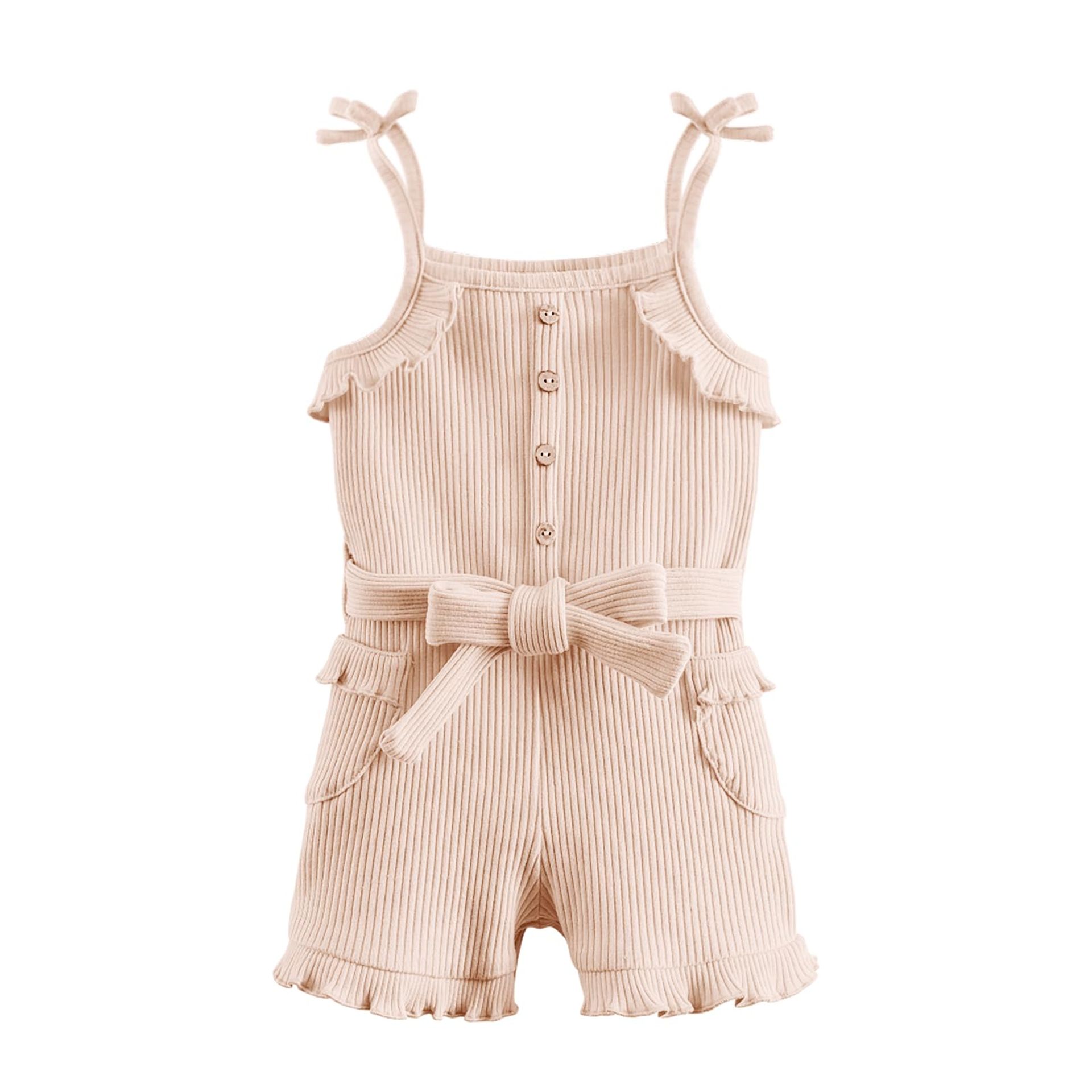 Baby Girl Summer Ruffle Suspender Romper Outfit - Beige 18-24 Months, Soft Cotton, Sleeveless & Breathable
