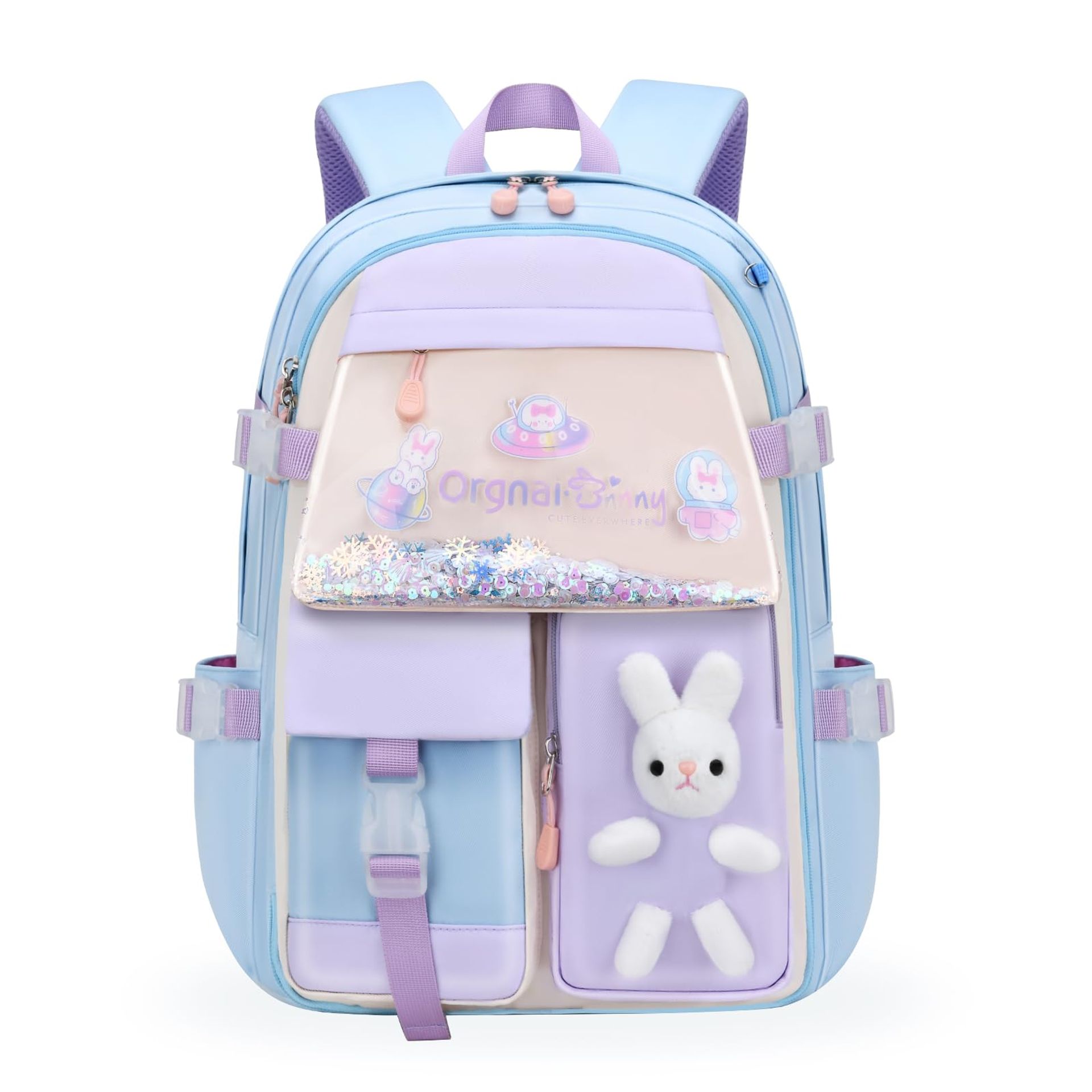 Cute Bunny School Backpack for Girls Large Capacity Water-Repellent Kawaii Bookbag Grades 1-6 - Blue 44x32x16 cm