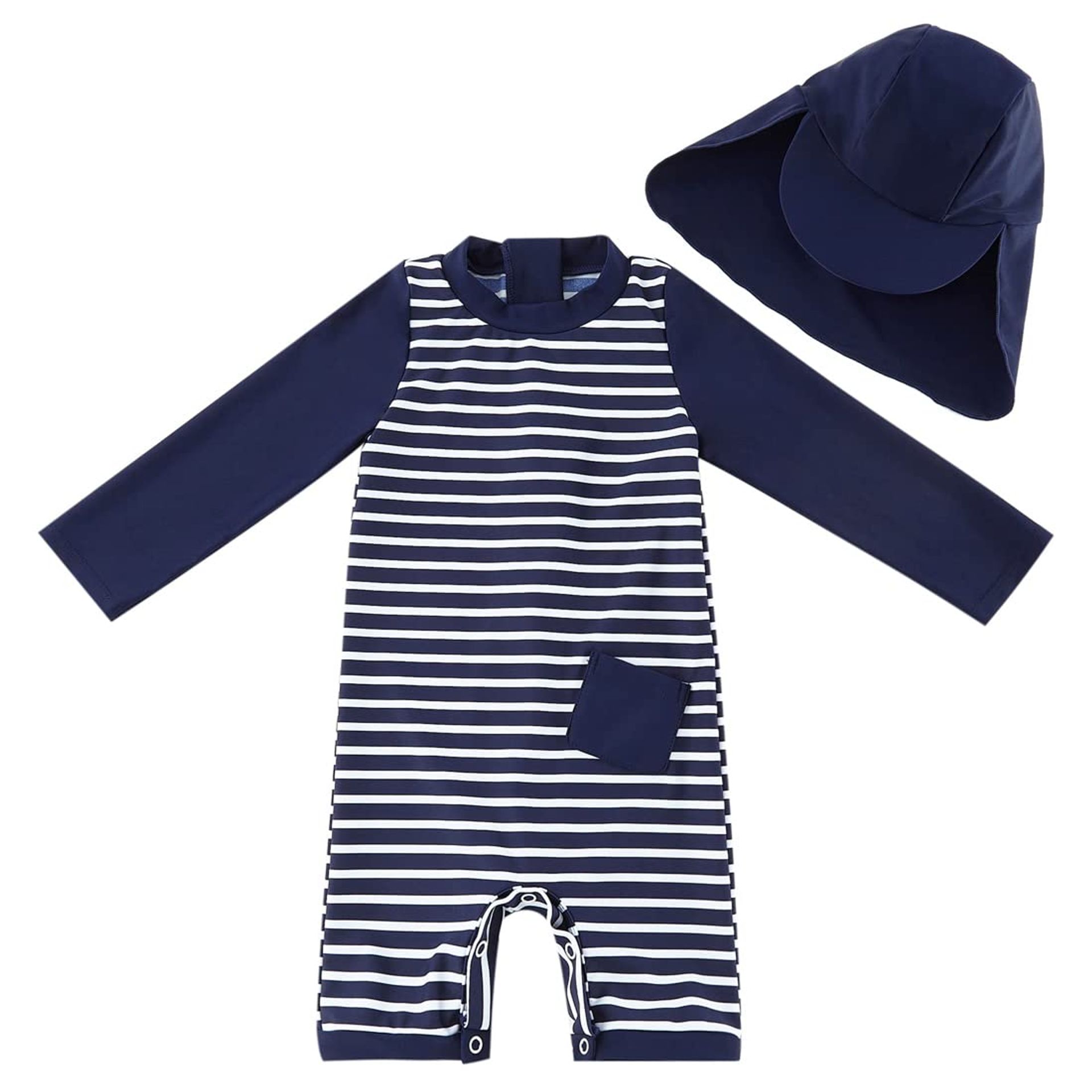 Infant Boys All-in-One Swimsuit UPF 50+ Sun Protection with Matching Hat - Blue Striped 6-9 Months