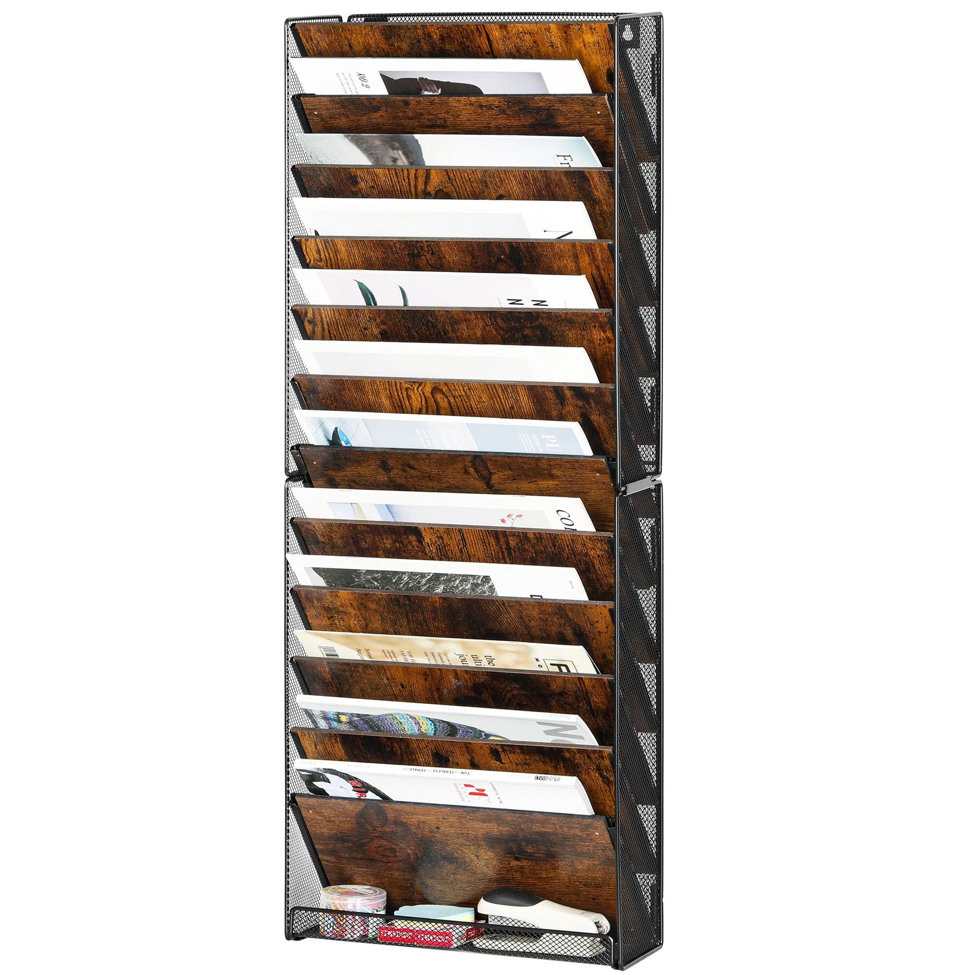 12-Pocket Wooden Desk Tidy Organiser A4 Wall Mounted Document Holder and Vertical Magazine Rack - Black/Antique 12 Pockets