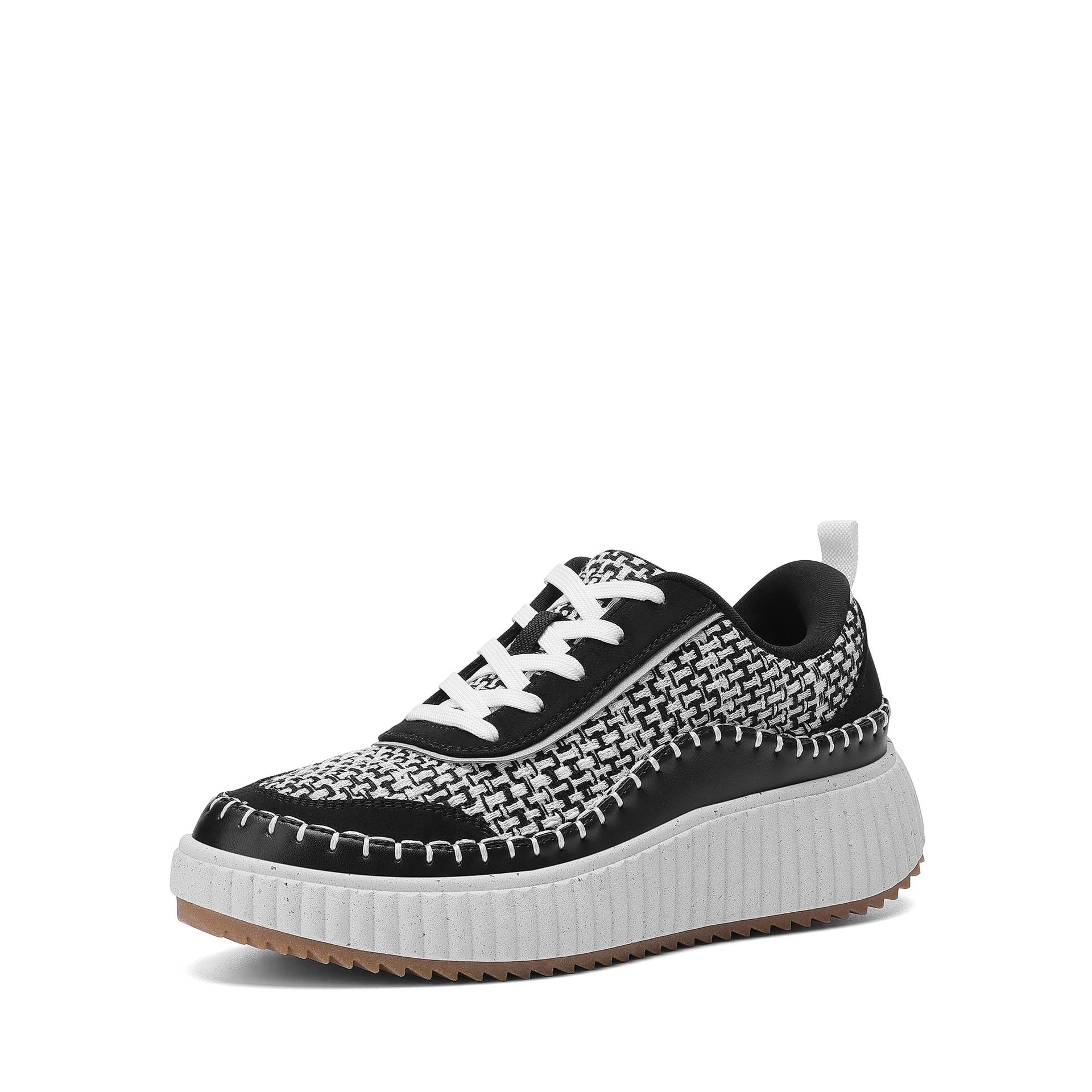 Women's Chunky Platform Trainers with Woven Upper - Black/White Size 7.5