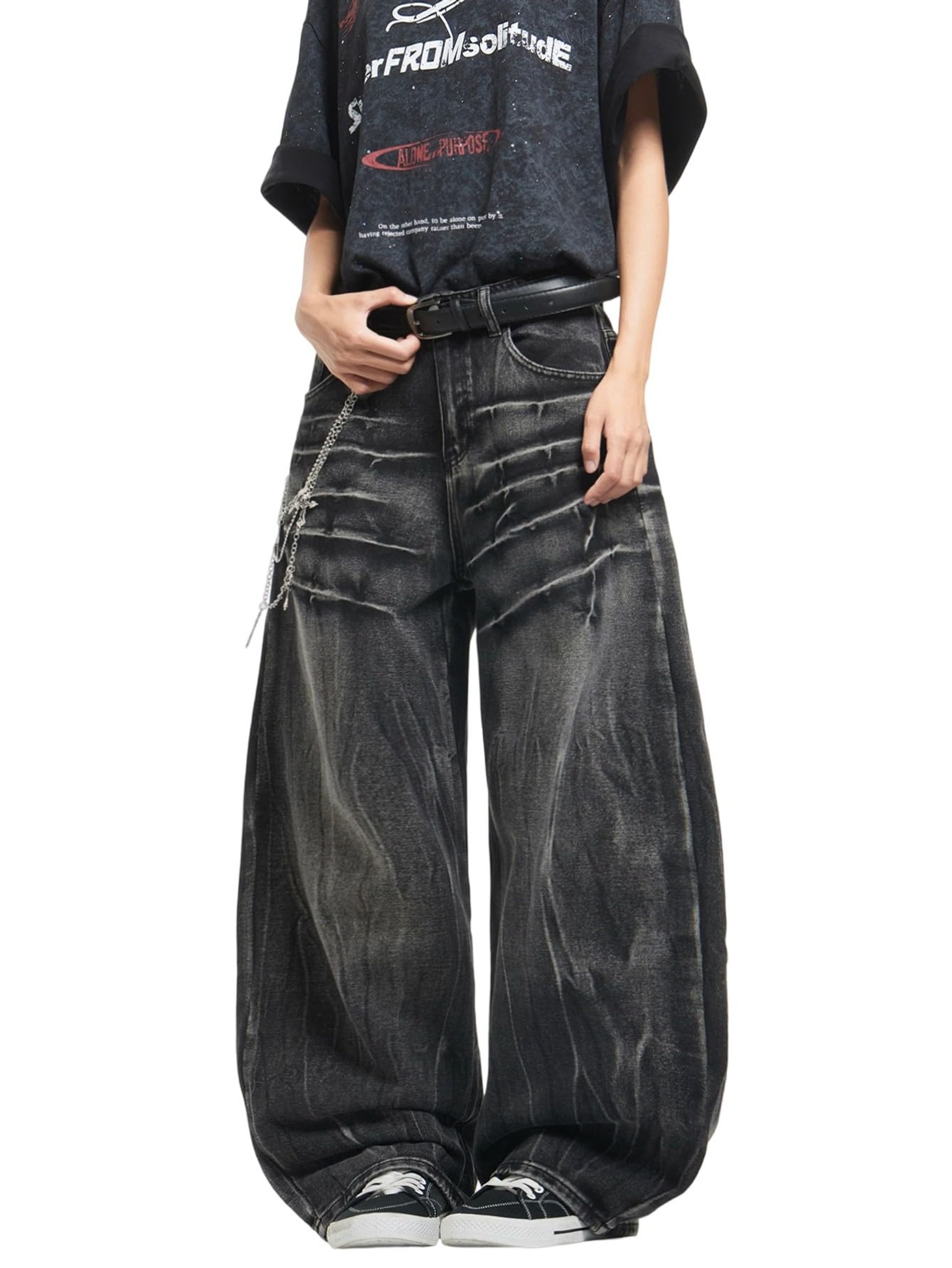 Men's Distressed Baggy Jeans Y2K Hip Hop Style Loose Wide Leg Denim Pants Streetwear - A10 Black S