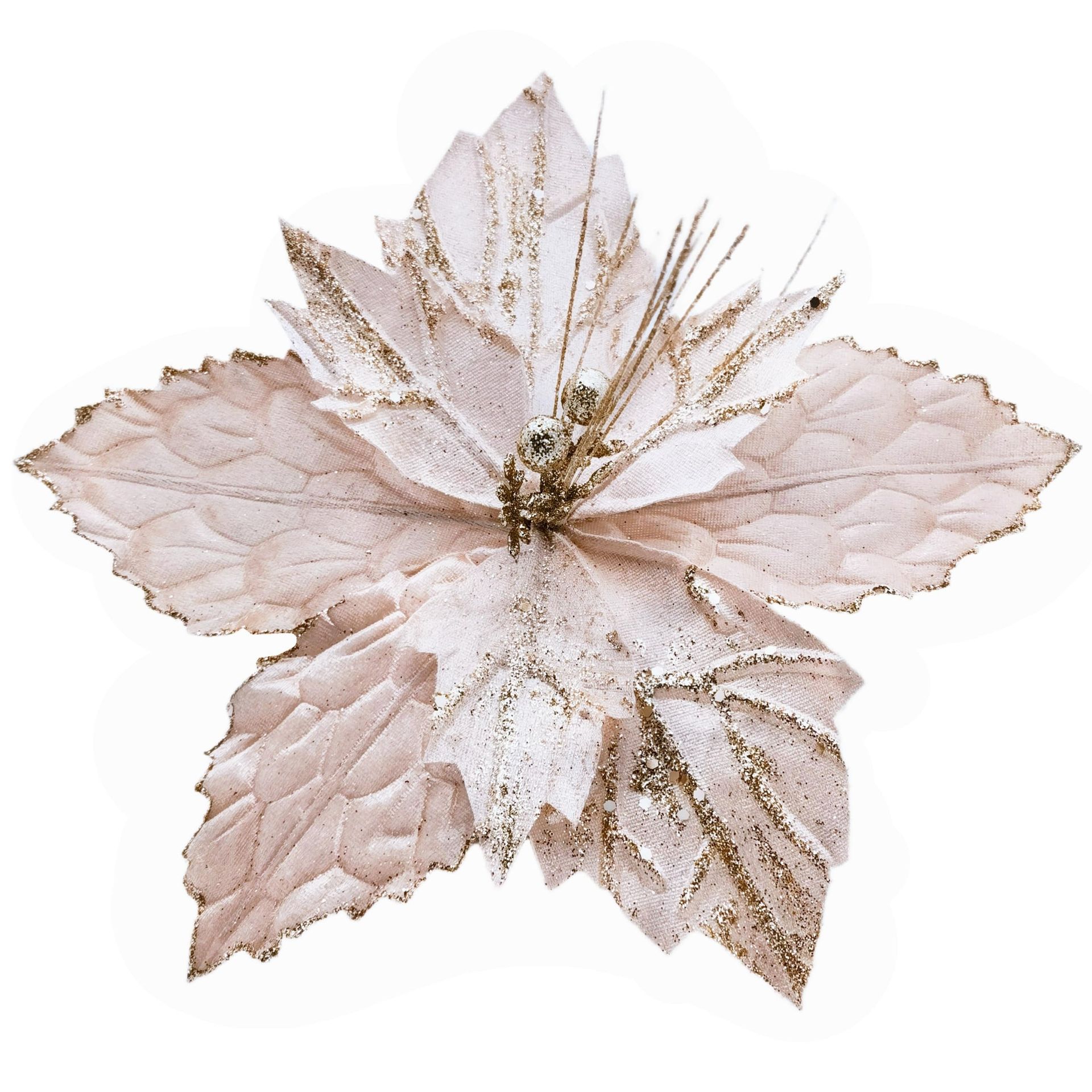 M2cbridge Large Champagne Poinsettia Glitter Christmas Floral Picks - Set of 6 for Festive Decor
