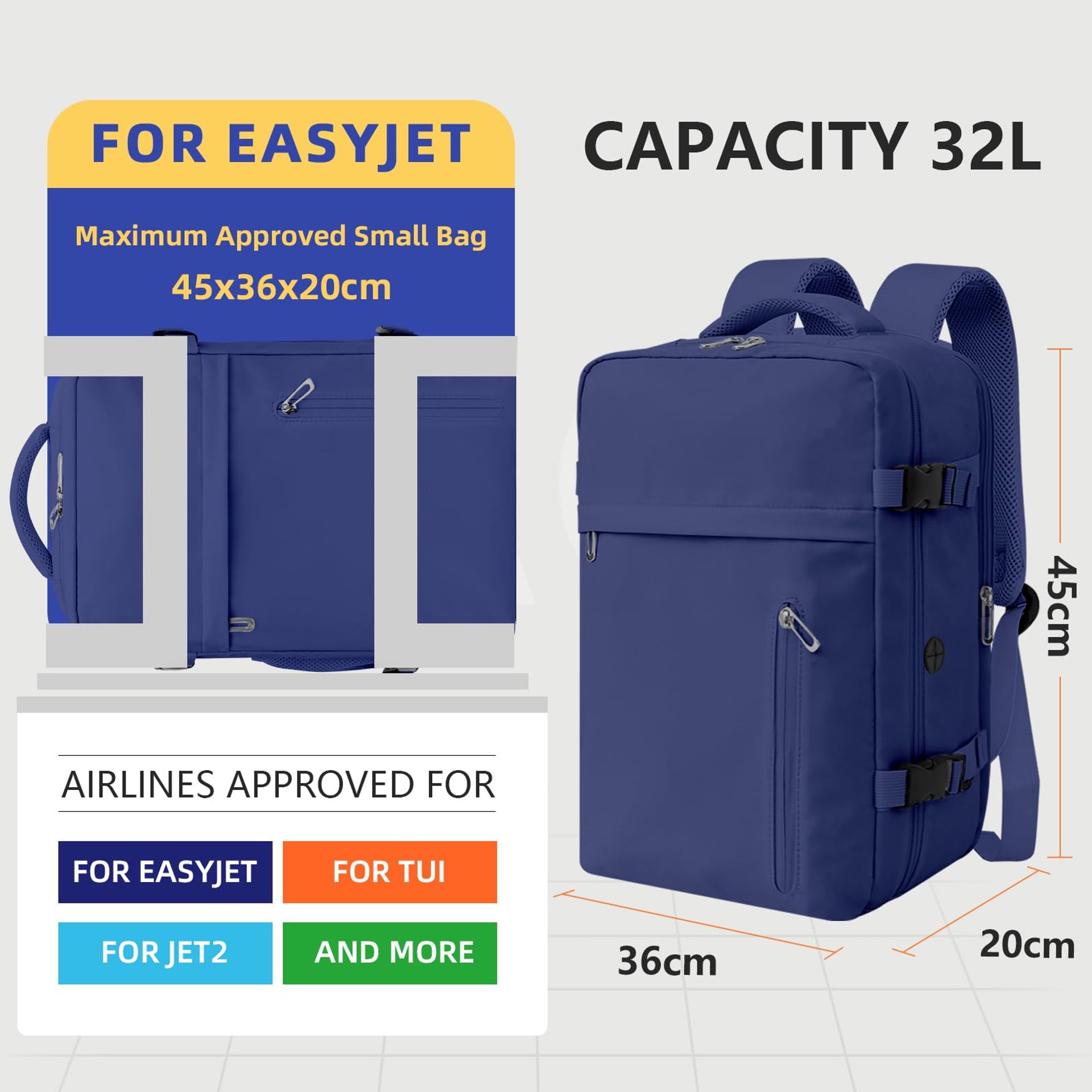 Cabin Bag Backpack 45x20x36cm Underseat Carry-On Travel Luggage