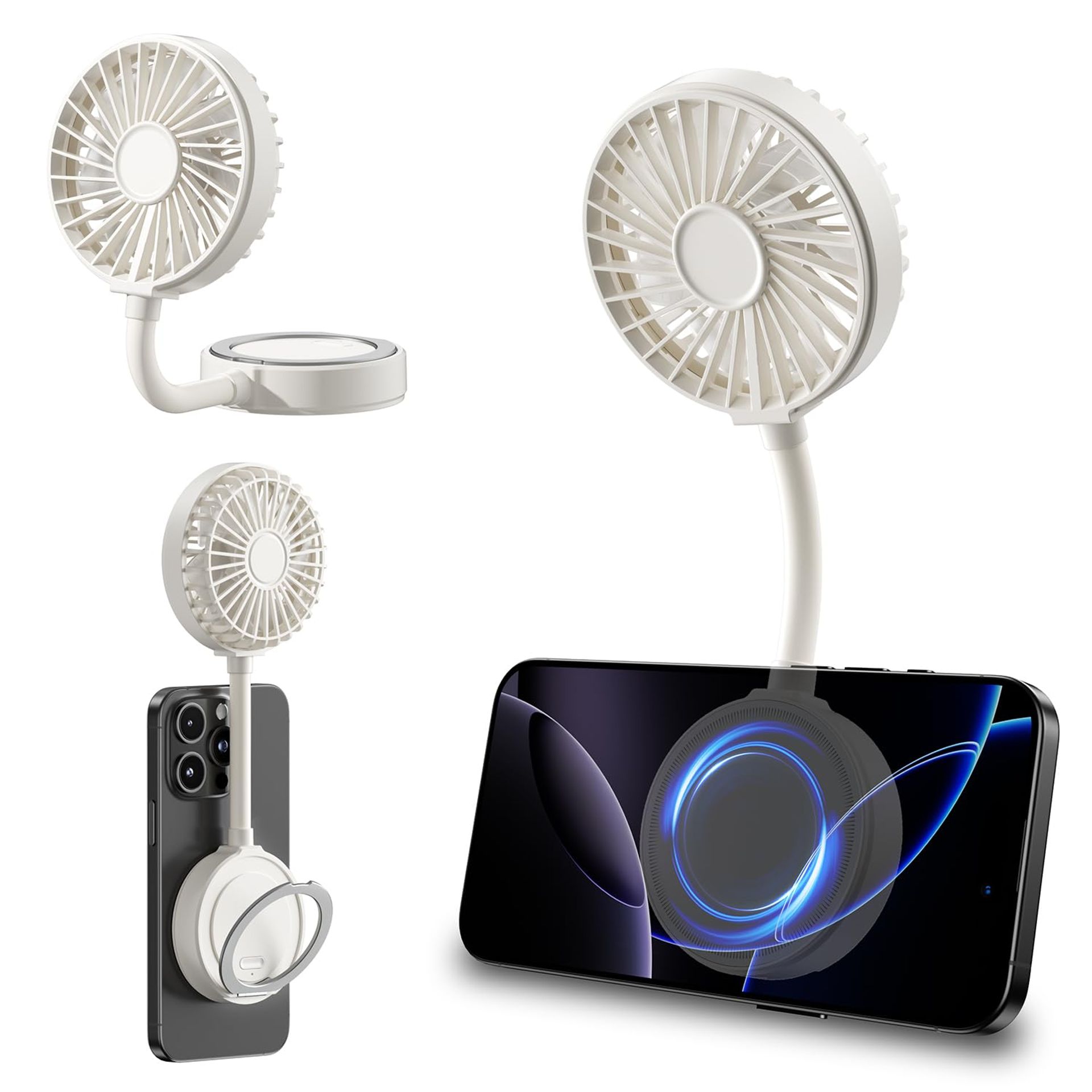 Handheld Portable Mini USB Rechargeable Phone Fan Flexible 3-Speed Personal Cooling Device for Travel, Office or Outdoor Use - White AF07