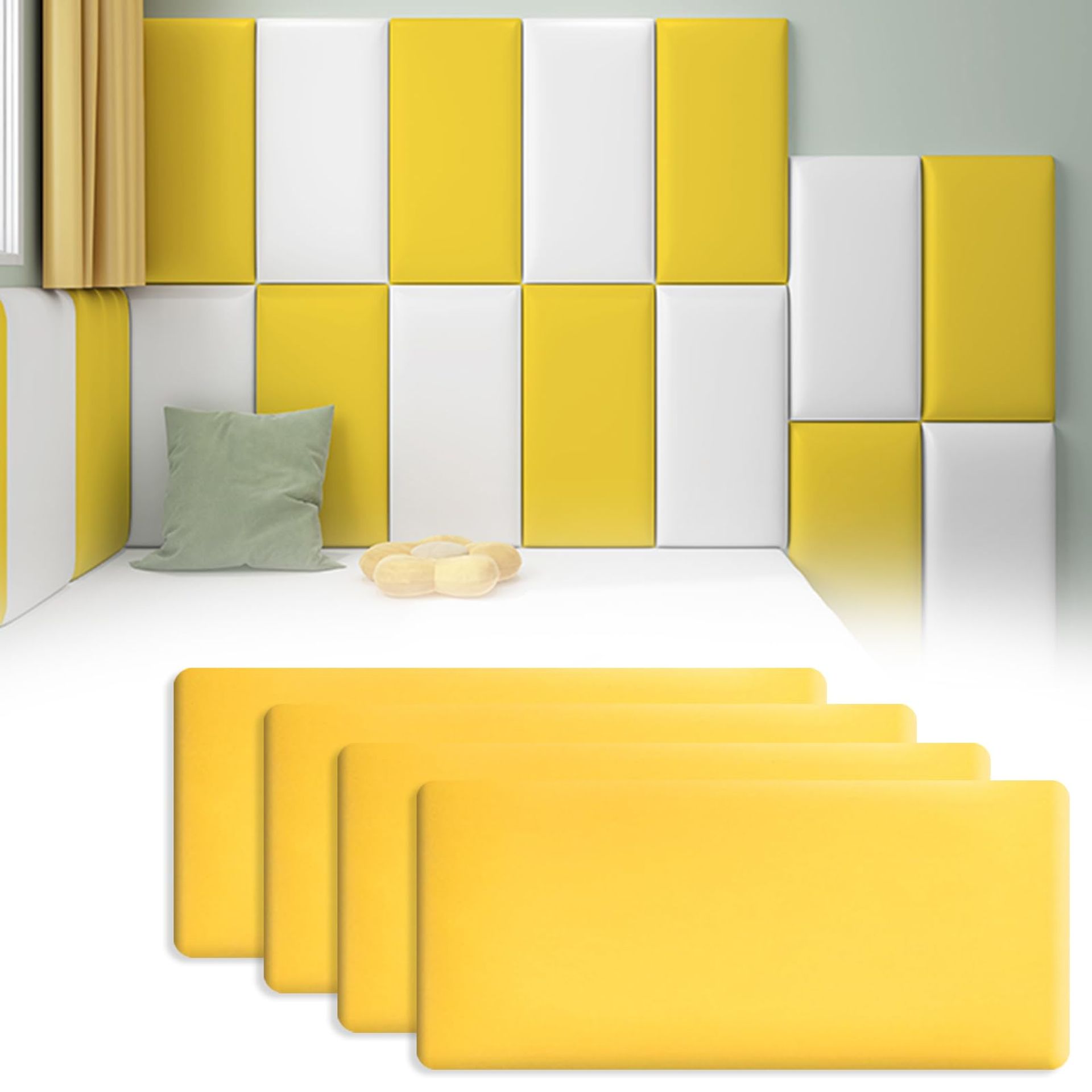 Wall Cushion Padding 4 Pcs Anti-Collision Foam Panels for Kids Bedroom, Soft Play Safety Wall Protectors - Yellow 40x20cm