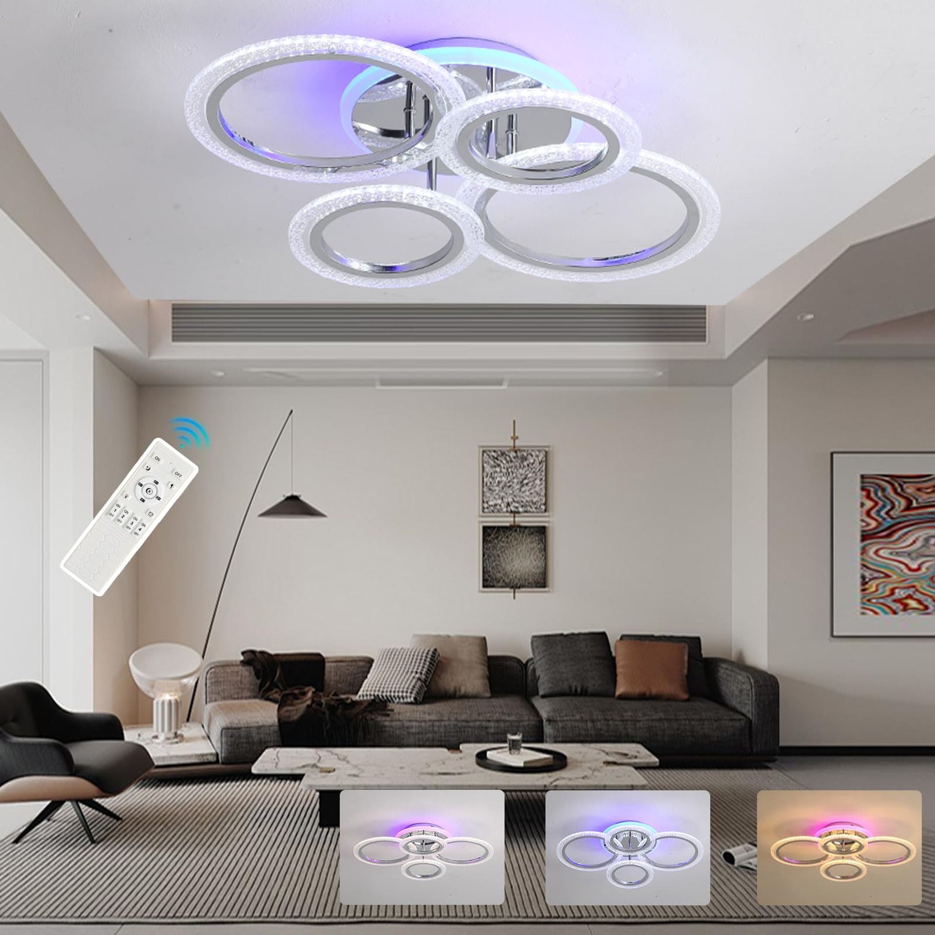 Modern LED Ceiling Light 50W Dimmable Round Fixture with Remote Control for Bedroom, Living Room & Kitchen - Chrome 4 Rings-50W