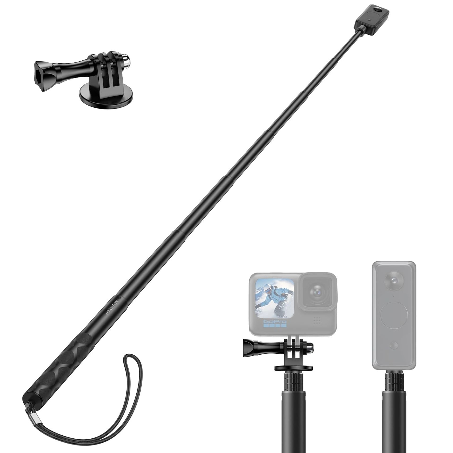 Invisible Selfie Stick 150cm Extendable for Action Cameras, 360°, Adapter Included - Black 150cm