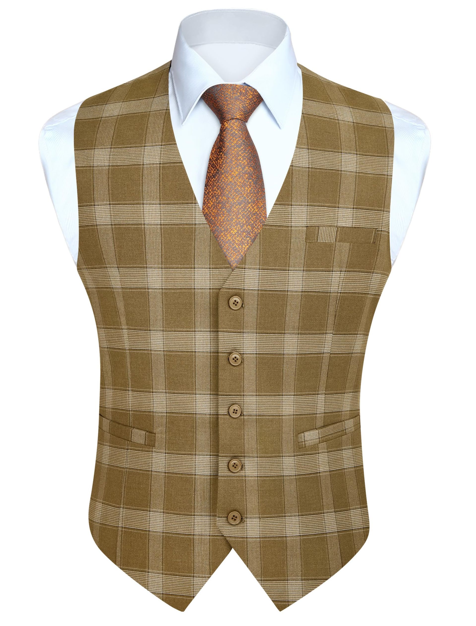 Men's Tartan Waistcoat Classic Check Suit Vest V-Neck for Wedding or Business - Yellow/Champagne S