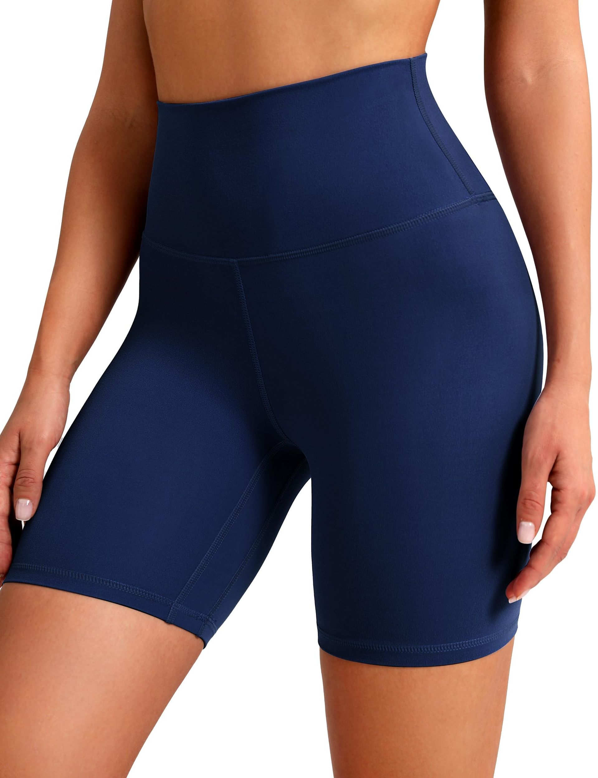 Women's High Waisted Yoga Cycling Shorts 6" - Buttery Soft Gym Workout Fitness Shorts with Tummy Control & Hidden Pocket, Navy Blue